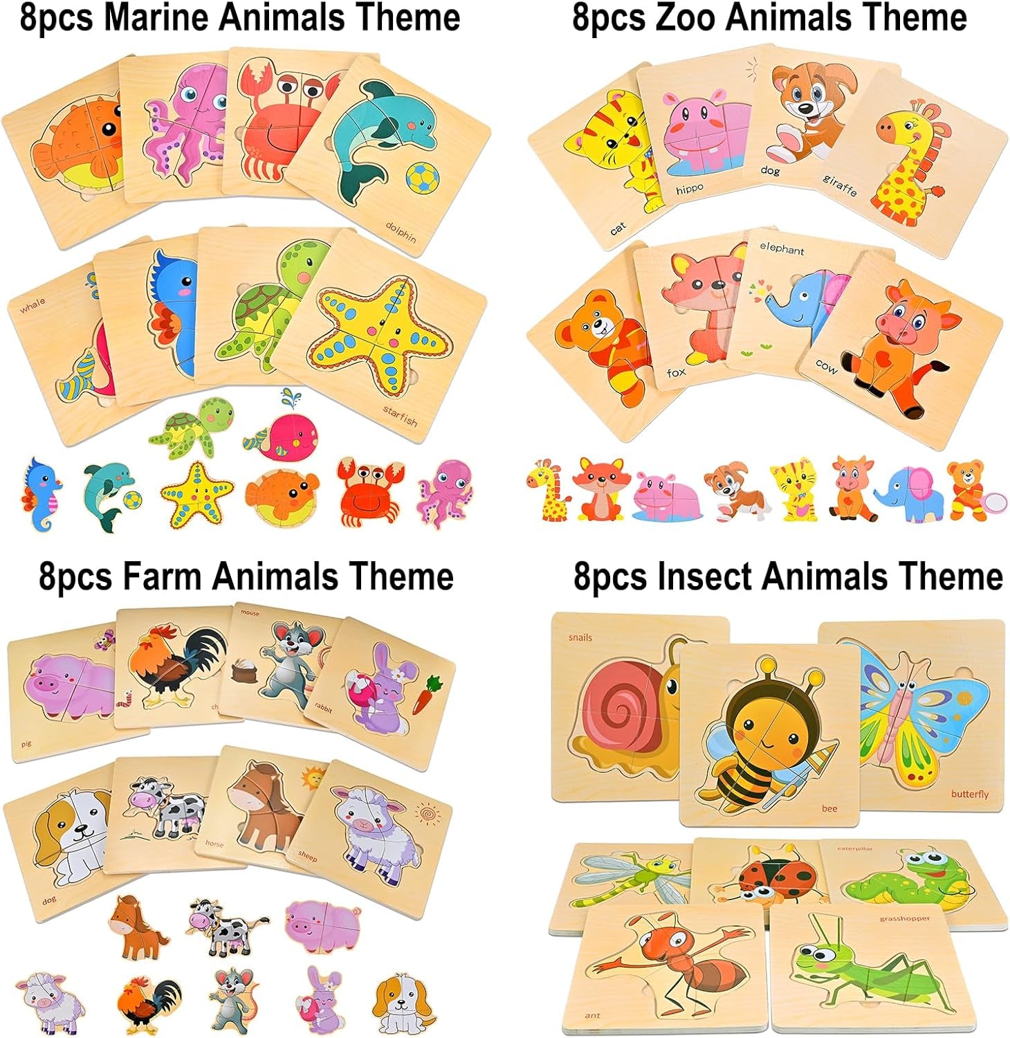 8 Puzzles En Bois Enfant, Jeux Bébé, Jouet Montessori Pour Garçons Filles, Cadeau Anniversaire Halloween Noël, Cube Animaux Marins, Éducatifs 1 2 3 Ans