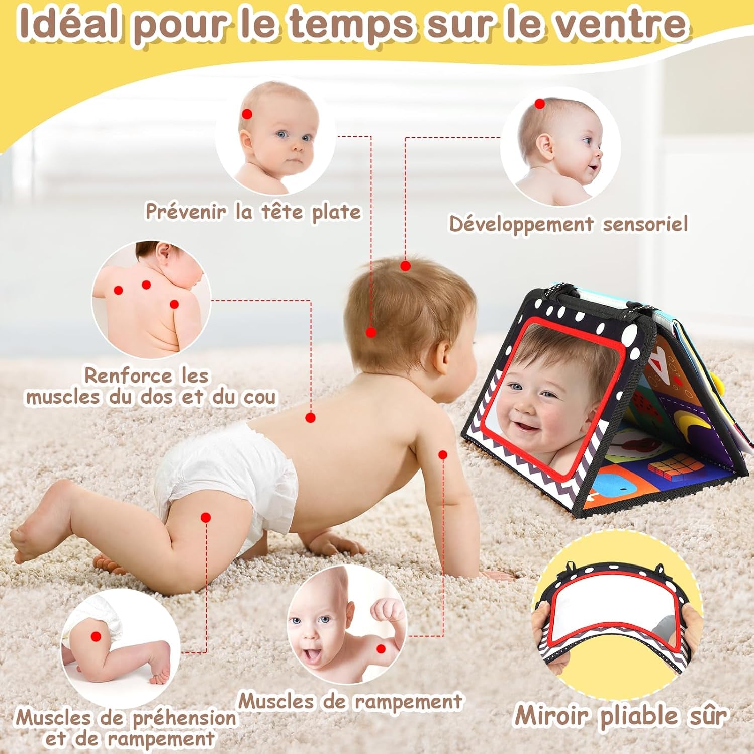 Jouet Bebe 0-3-6-9-12 Mois - Miroir D'Éveil Pliable Avec Jouet De Dentition Et Livre Papier Froissé Sensoriel - Montessori Noir Et Blanc À Motifs Contrastés Pour L'Éveil Des Bébés