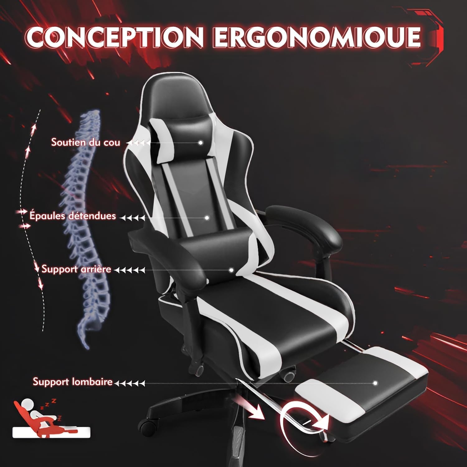 Chaise Gaming, Siège De Bureau Réglable, Fauteuil Gaming Avec Repose-Pieds Télescopique (Noir Et Blanc)