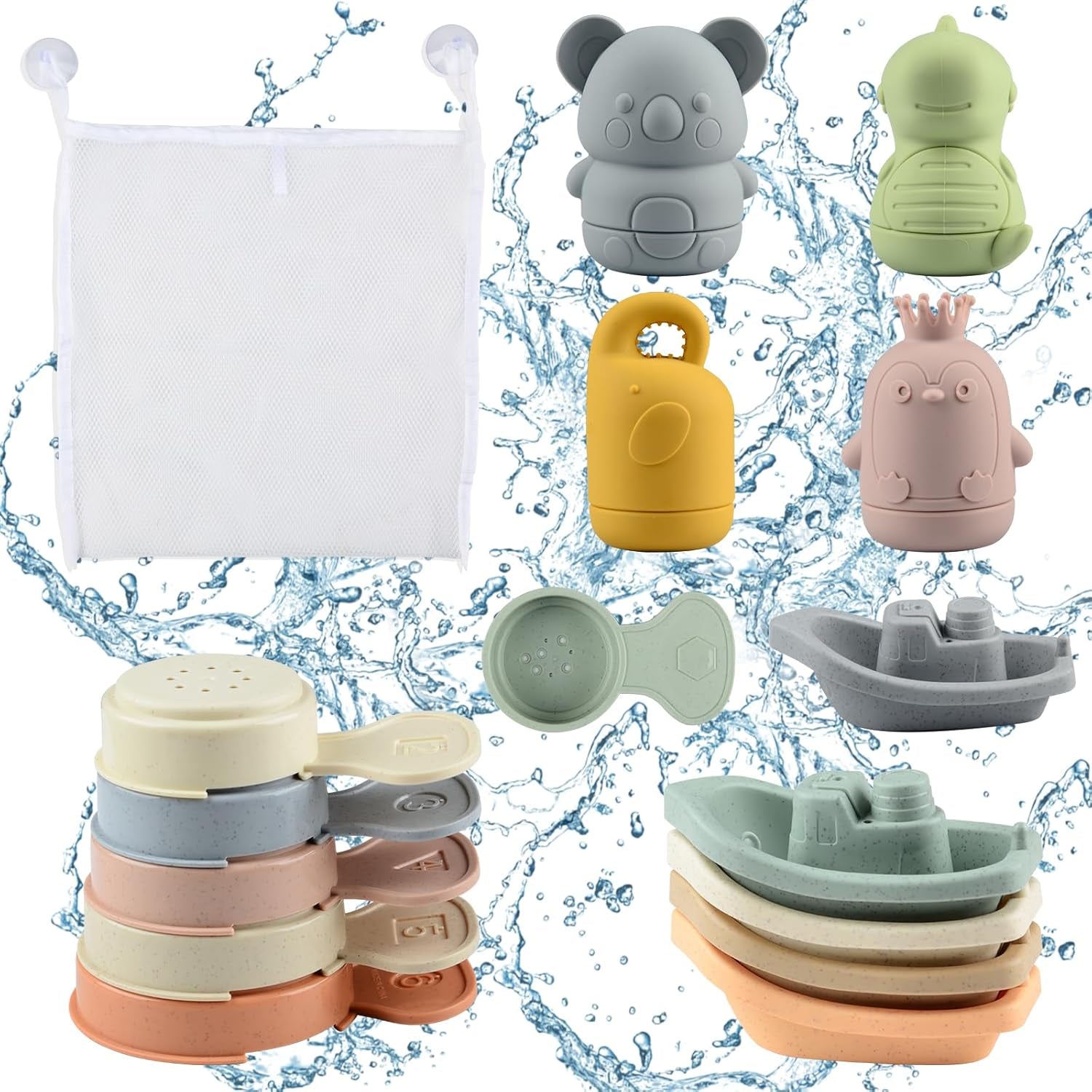 Jouet Bain Bébé, 16 Pièces Jouets De Bain Jouets À Presser Sensoriels Avec Bateaux Empilables Et Cuillère, Jeux De Bain Jouets De Douche De Bébé Amusants Jouets Flottants Pour Bebe Enfant