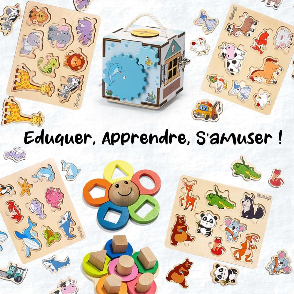Jouet Enfant 1, 2 Et 3 Ans – Jeu Éducatif Idéal Pour Cadeau De Noël Ou Anniversaire – Puzzle En Bois Pour Bébé Garçon Ou Fille – Jeux Montessori Avec Puzzles Animaux De La Jungle