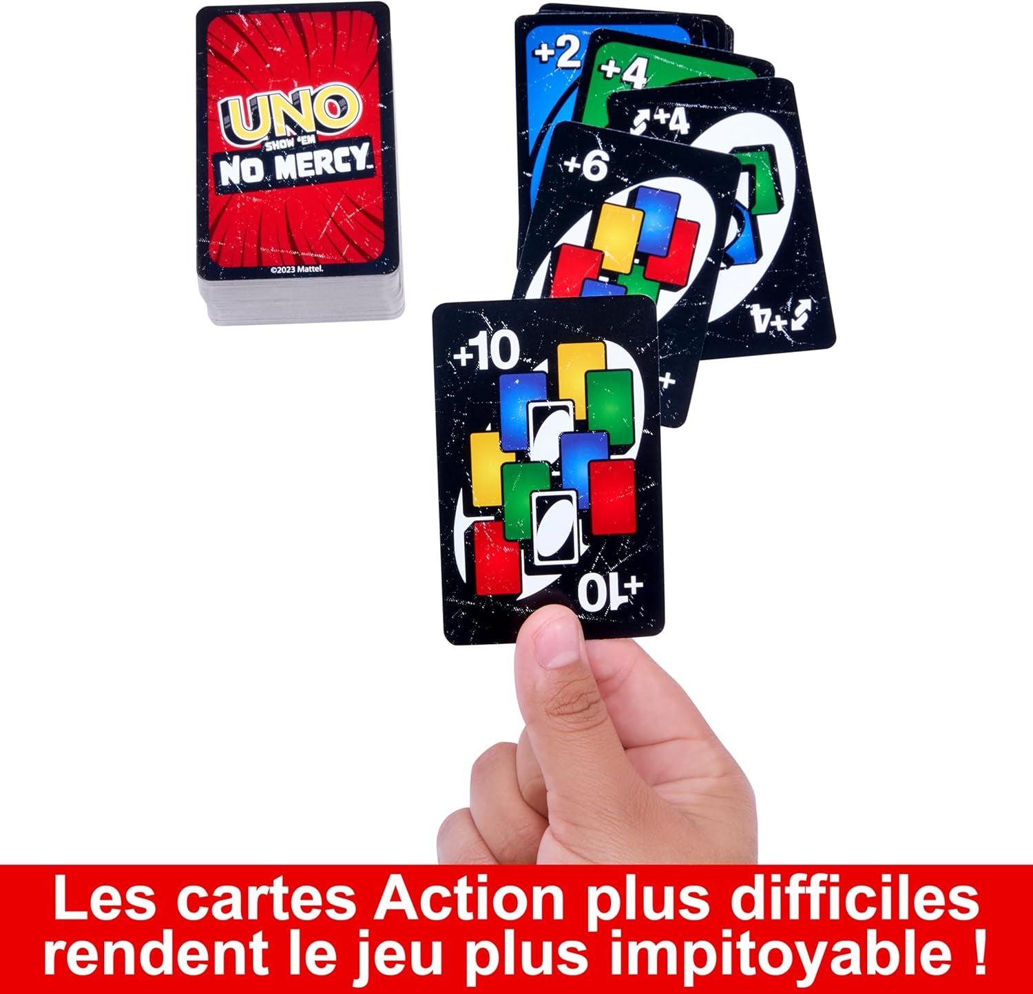 Uno No Mercy Jeu De Cartes Familial Avec 56 Cartes Supplémentaires, Règles Spéciales, Cartes Action Redoutables, Pénalités plus Sévères, Jouet Enfant, Dès 7 Ans, HWV18