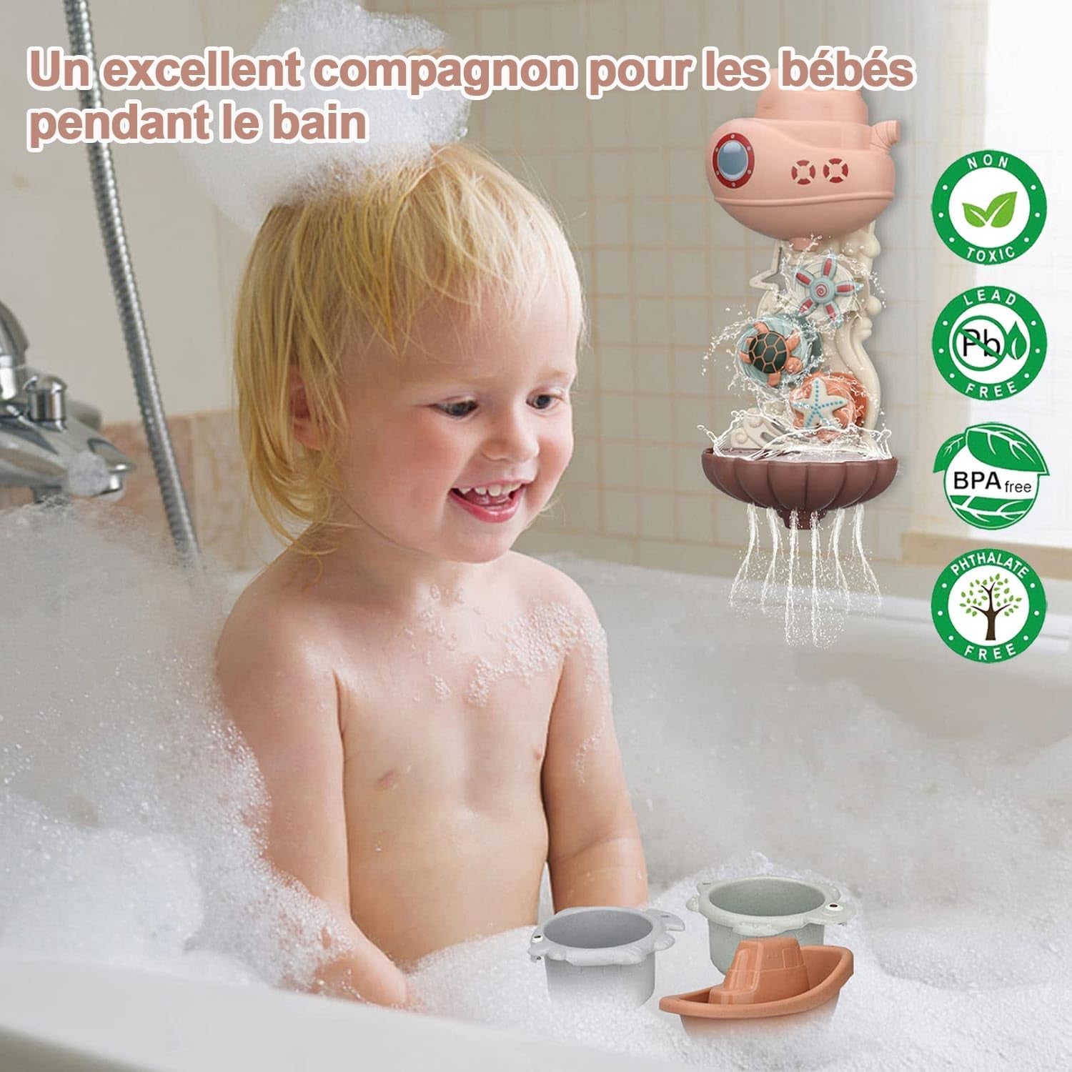 Jouets De Bain Pour Bebe, Jouet Bain Bebe 1 An, Jeux De Bain Bébé Enfant 1 2 3 Ans, Jouets D'Éveil Cadeau Bebe 1 an Pour Garçons Et Filles Avec Mignons Engrenages Et Tasses D'Animaux Marins