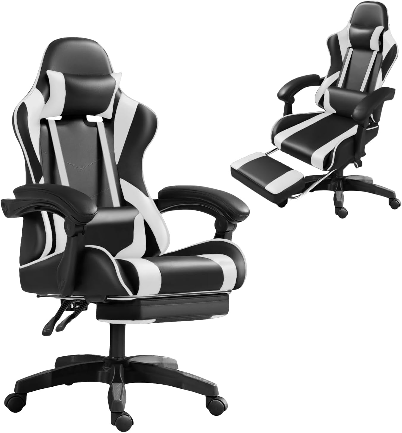 Chaise Gaming, Siège De Bureau Réglable, Fauteuil Gaming Avec Repose-Pieds Télescopique (Noir Et Blanc)