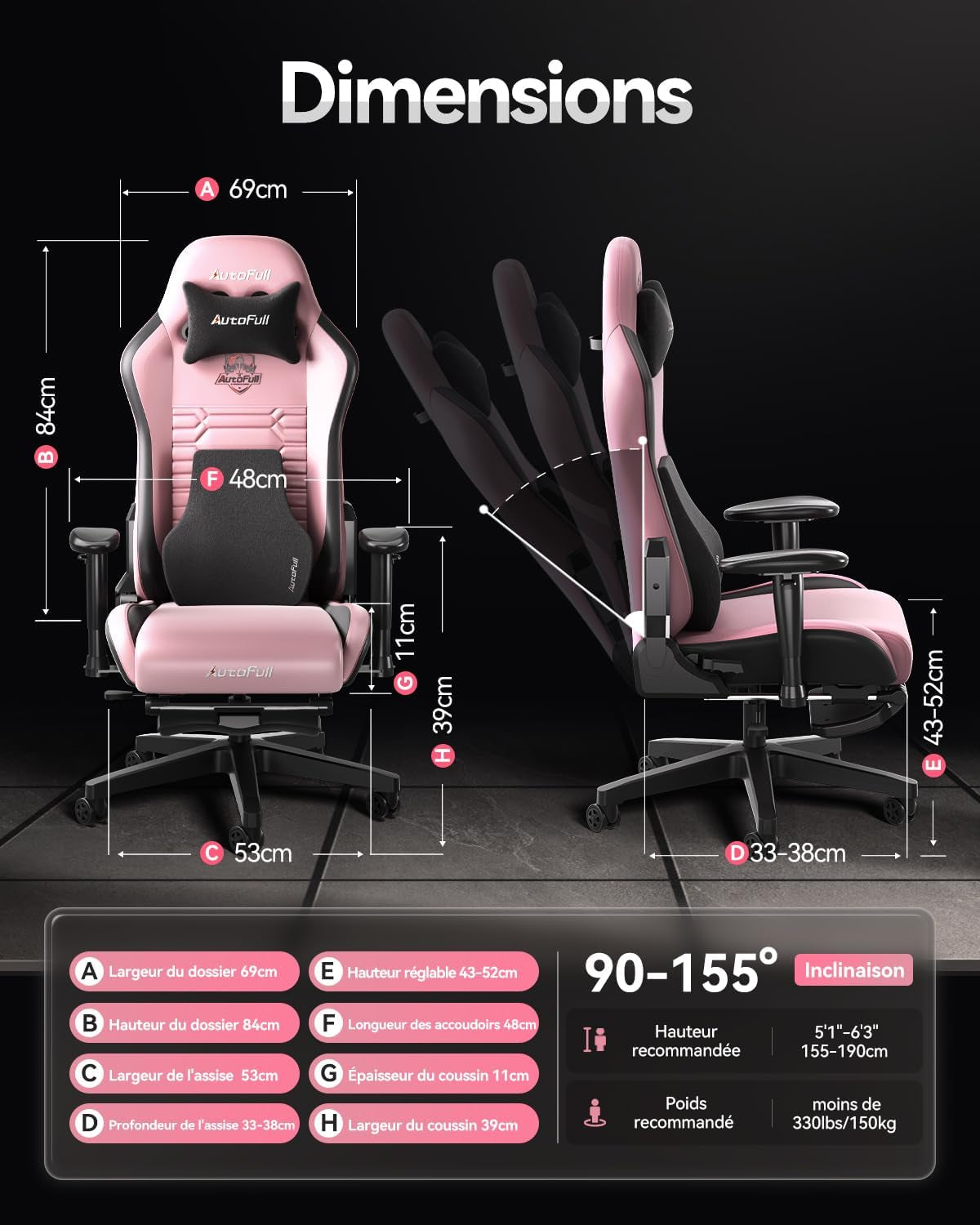 C3 Chaise Gaming Style Course, Avec Cuir PU Haute Résistance & Nettoyage Facile | Siège Bureau Ergonomique À Dossier Réglable En Hauteur Avec Support Lombaire | Rose
