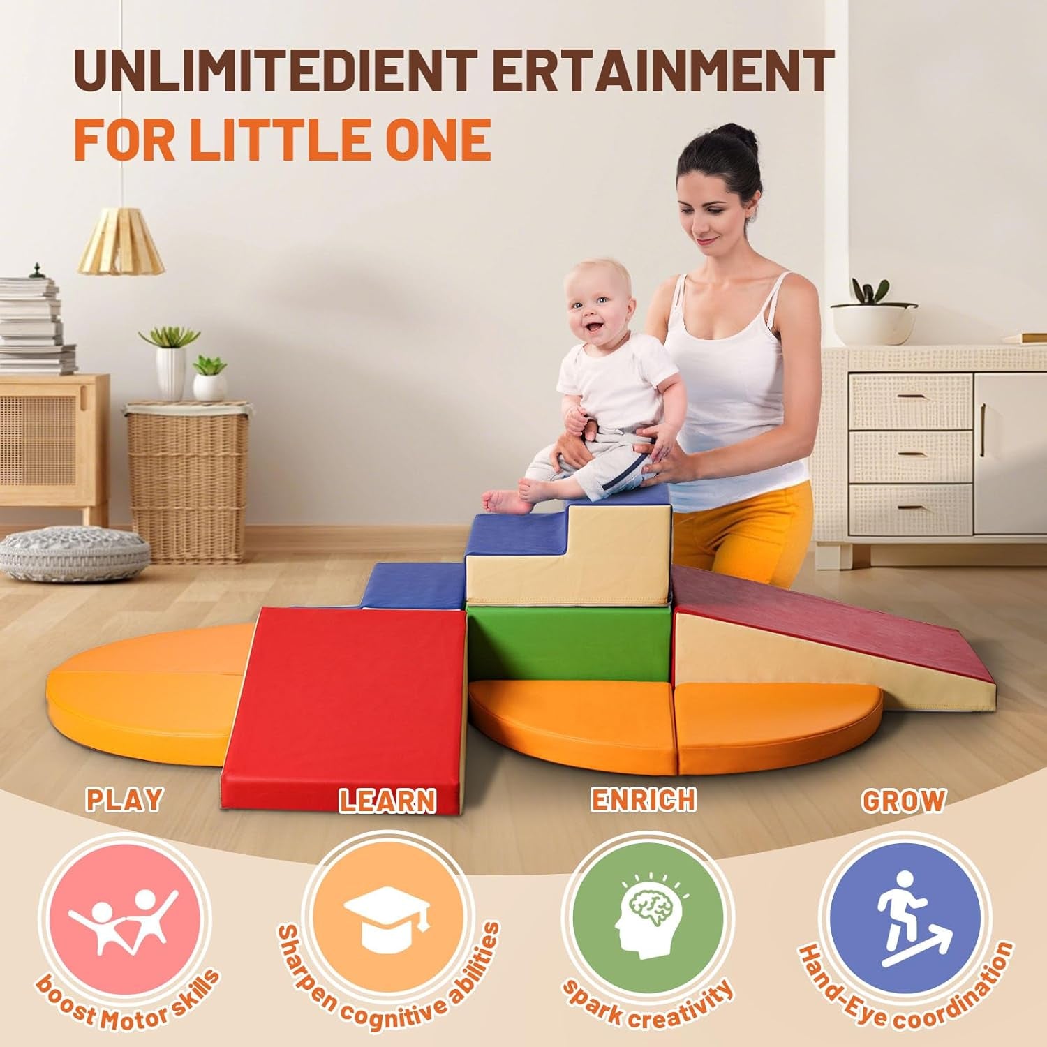 Parcours Motricité Bébé 9 Pièces: Module Motricité Enfant Cuir PU Blocs Mousse Éducatifs - Jouets Descalade Bébé Structure D'Escalade Antidérapante Ensemble D'Échelle Double