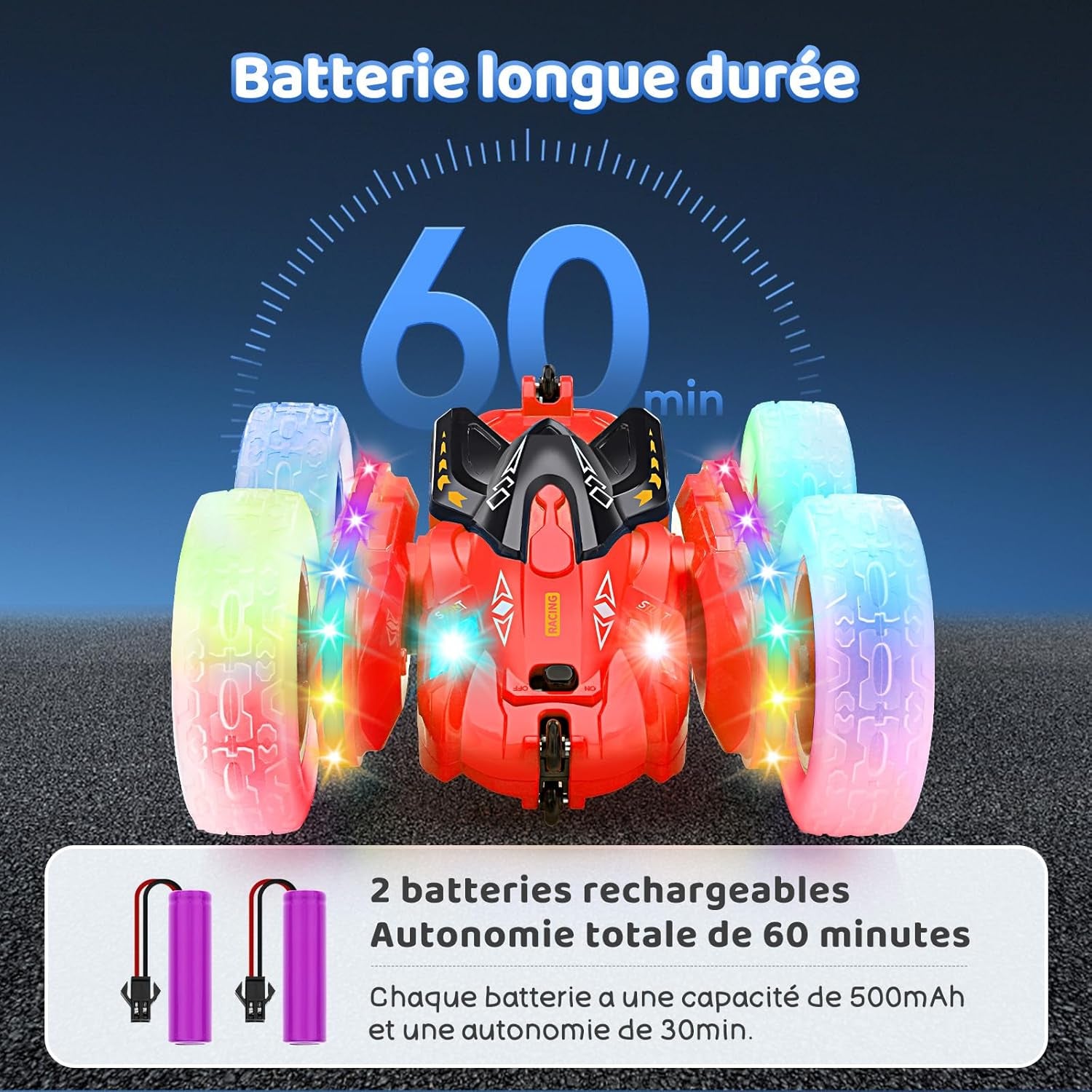 Voiture Télécommandée, Voiture Cascadeuse Avec Bande Lumineuse Latérale Et Phares, 2.4Ghz, Rotations À 360°, Voiture RC Rechargeable Jouet Pour Garçons Filles Cadeau D'Anniversaire, Rouge