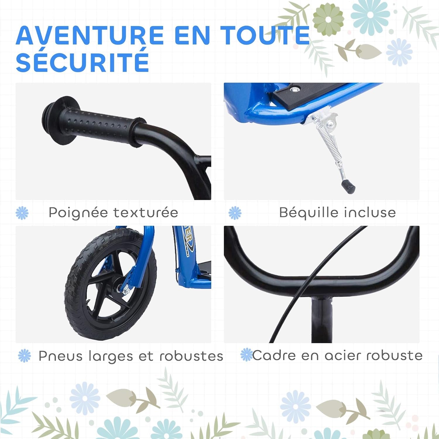 Trottinette Enfant Patinette Pneus 30 Cm Hauteur Guidon Réglable Poignée Frein Et Béquille Acier Pour Enfants À Partir De 5 Ans