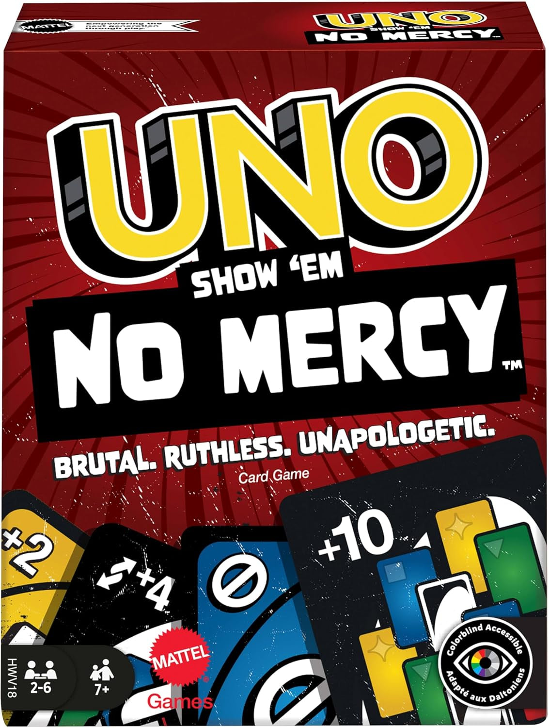 Uno No Mercy Jeu De Cartes Familial Avec 56 Cartes Supplémentaires, Règles Spéciales, Cartes Action Redoutables, Pénalités plus Sévères, Jouet Enfant, Dès 7 Ans, HWV18