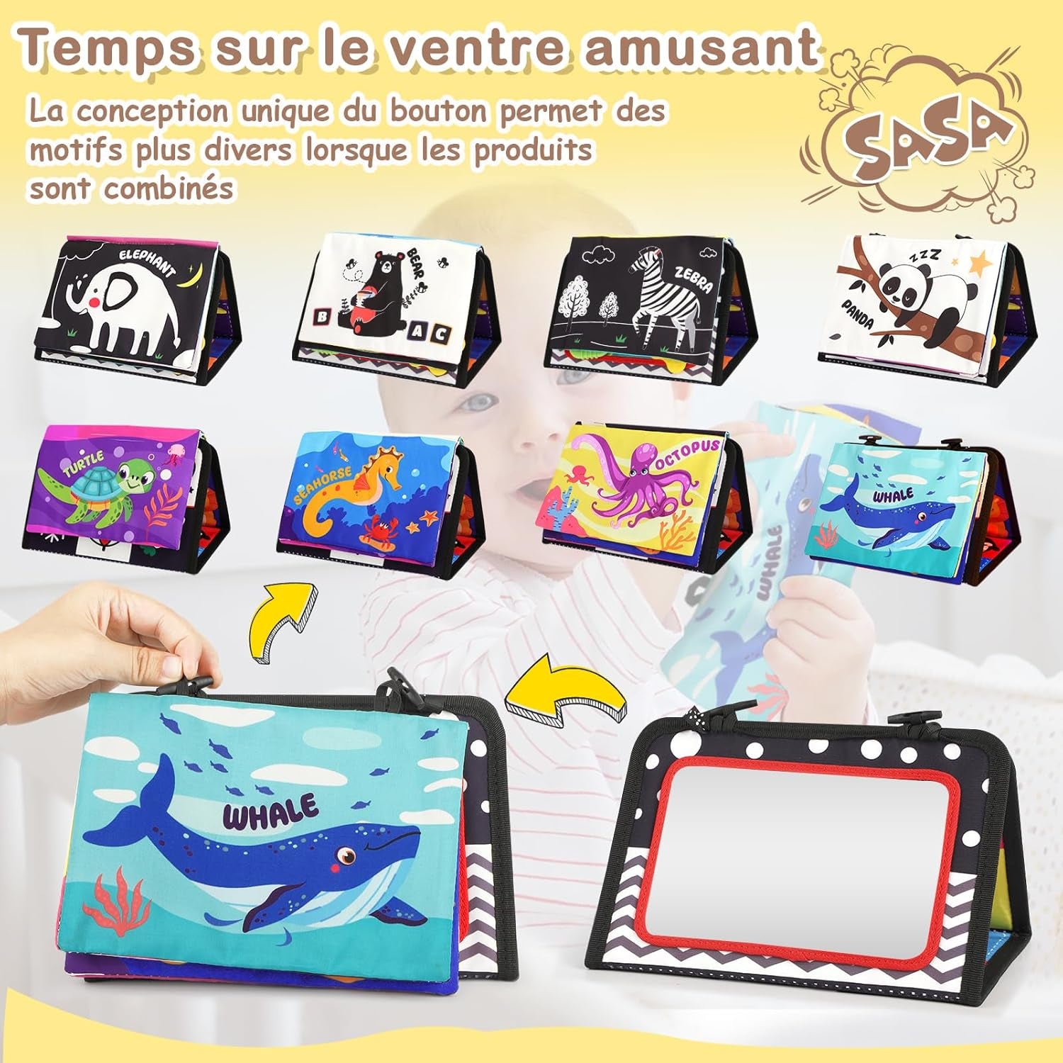 Jouet Bebe 0-3-6-9-12 Mois - Miroir D'Éveil Pliable Avec Jouet De Dentition Et Livre Papier Froissé Sensoriel - Montessori Noir Et Blanc À Motifs Contrastés Pour L'Éveil Des Bébés
