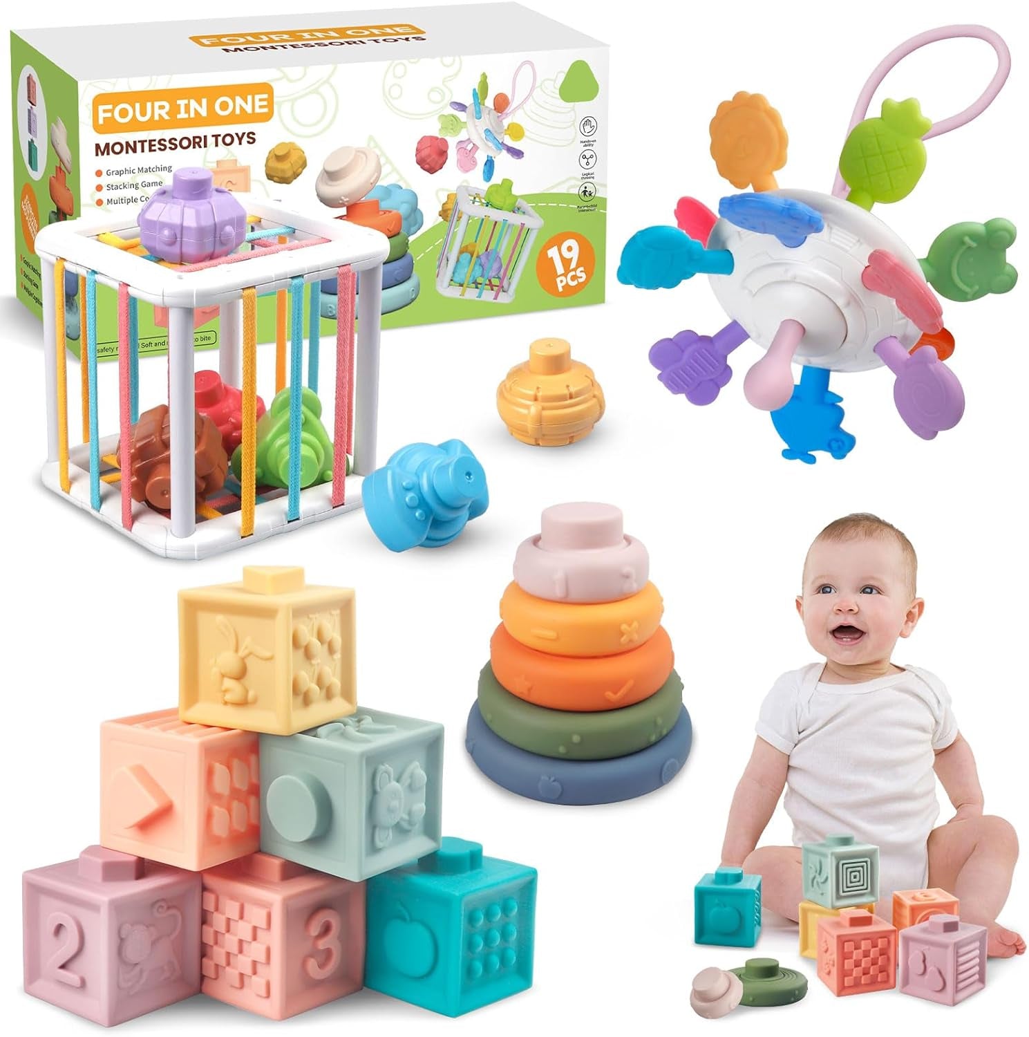 Jouets Bébés Pour 6 À 12 Mois | 4 in 1 Montessori Sensoriel Jouets | Jouet Empilable Bébé | Motricité Cube D'Activité Jeux Pour Enfants | Jeux Eveil Bebe 6 9 12 Mois Anniversaire Noël Cadeau