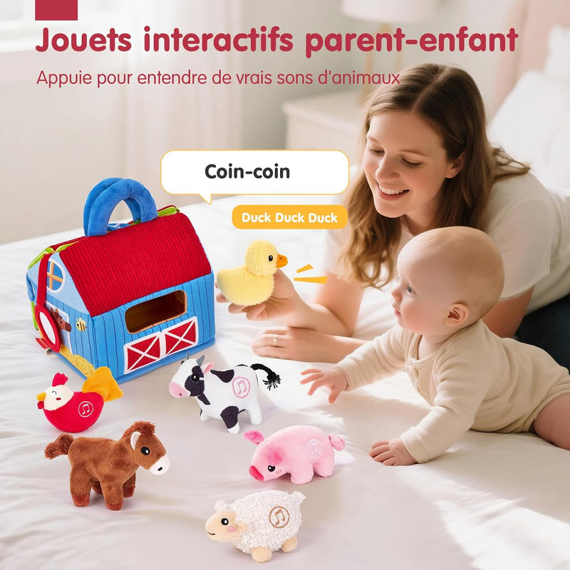 Jouets Pour Bébé 6 12 Mois - Jouet De Ferme Animal En Peluche, Grange Surprise Animaux Avec Vrais Sons - Jouets Montessori Pour Enfant 6 7 8 9 10 Mois, Jouet Sensoriel Bebe Cadeau Enfant