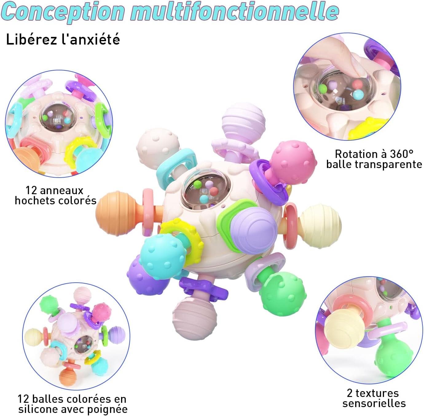 Jouet Bebe Dentition Pour Naissance 0-3 6 9 12 Mois, Jouet Bebe 1 An, Montessori Jeux D Eveil Enfant Hochet Sensorielle Balle, Cadeau Naissance Fille Garçons-Bleu