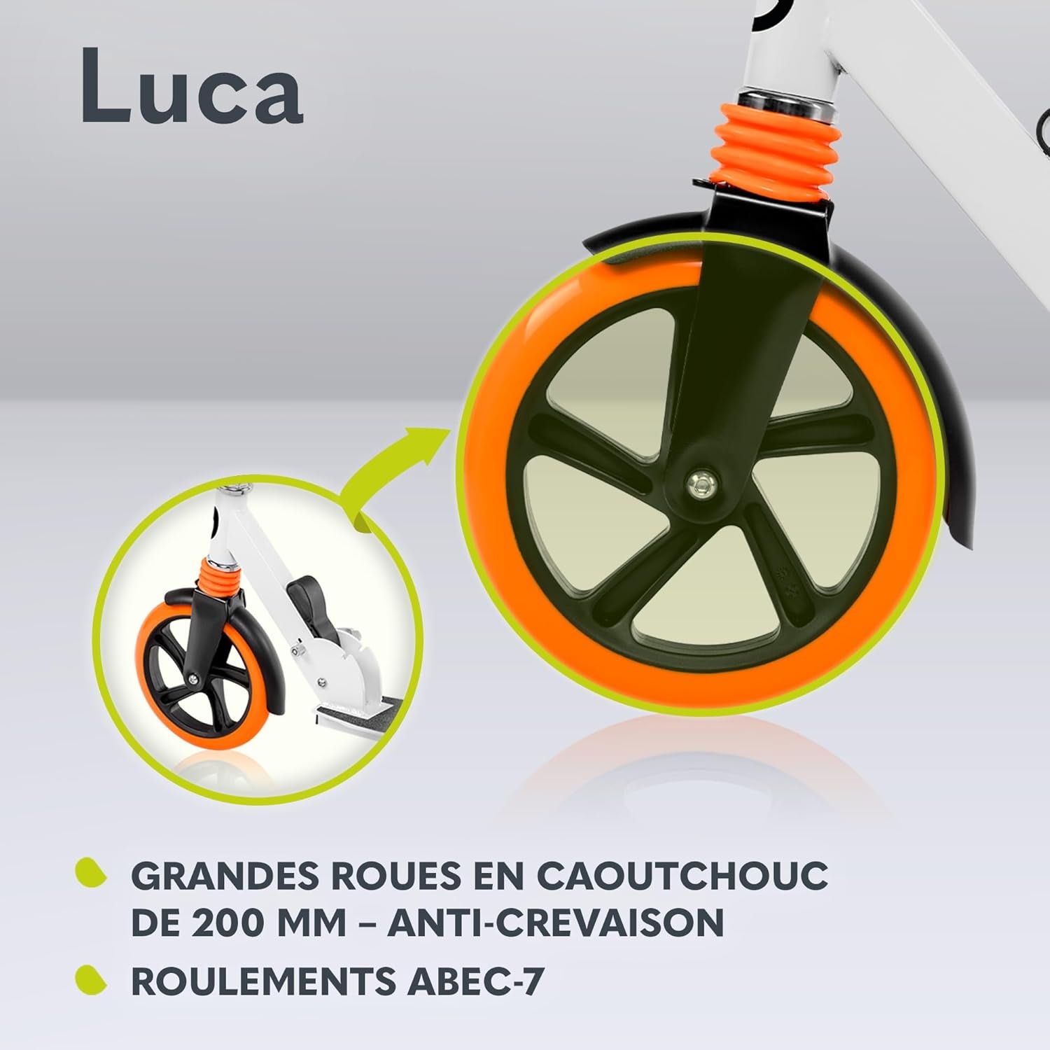 LUCA Trotinette Enfant Et Adultes Jusqu'À 100 Kg, Construction Durable, Pliage, Rapide, Guidon Ajustable, Roues À 20 Cm, Amortisseur Shockresist Frein (Blanc)