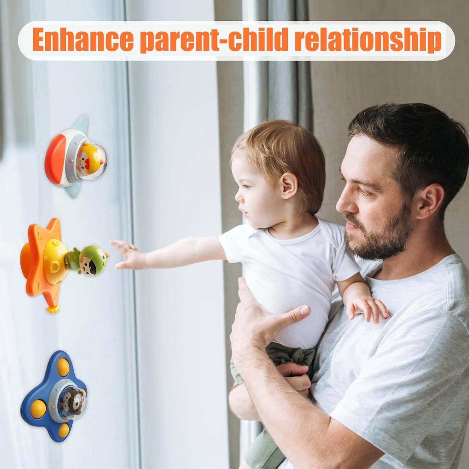 3 PCS Jouet Ventouse Bebe, Spinner Pour Baignoire Et Fenêtre De Bébé Jeux De Bain / Jeu Voiture Bebe / Jouets De Voyage Pour Les Tout, Baby Spinner Cadeau D'Anniversaire De Noël Pour 3 - 6 Ans