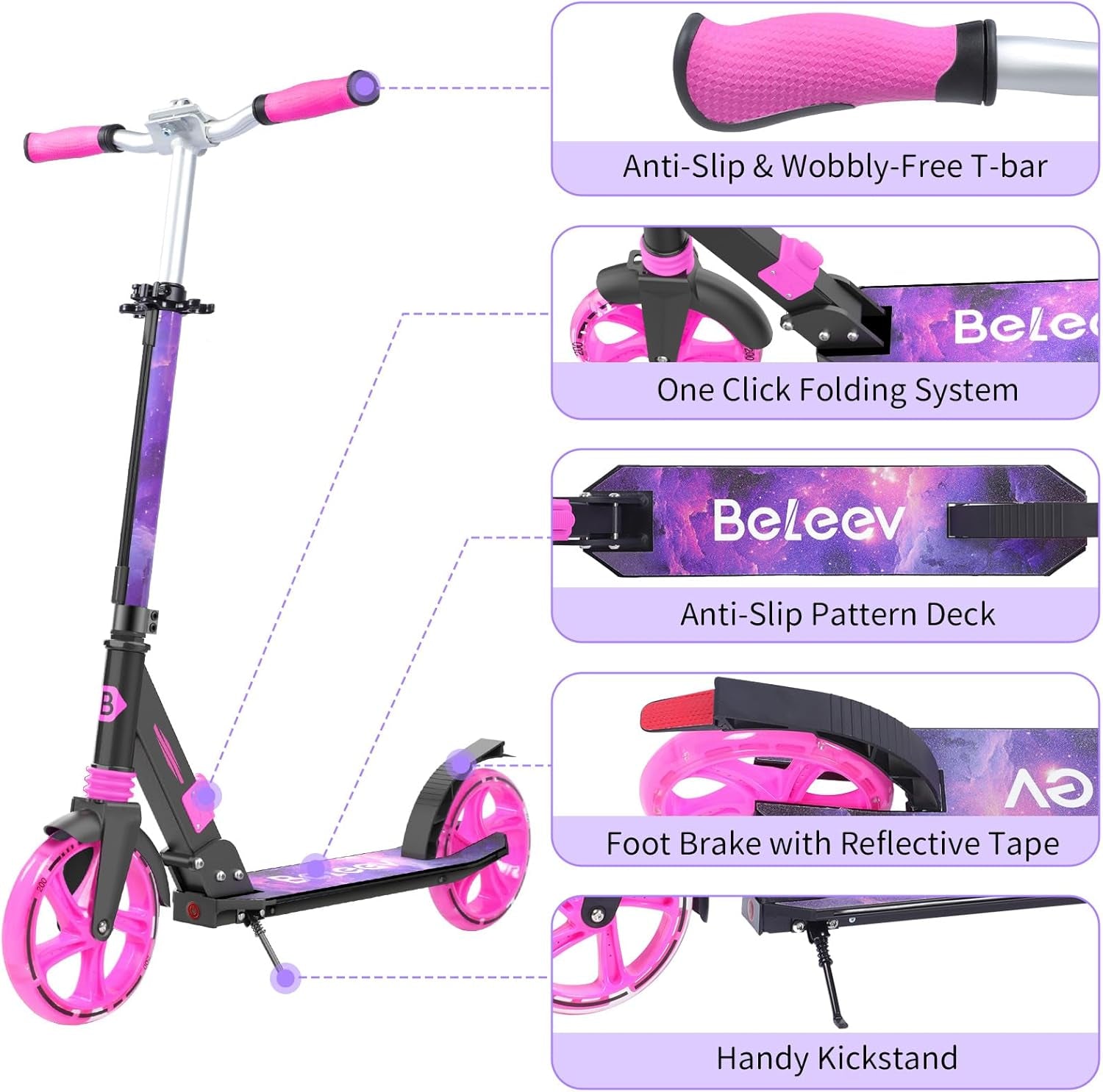 Trottinettes Enfants De 6 Ans Et Plus, LED Lumineuses Stem & Deck, Pliable, 4 Hauteurs Réglables, Sangle De Transport, Grandes Roue 200 Mm, City Scooter 2 Roues Pour Adulte Et Adolescent