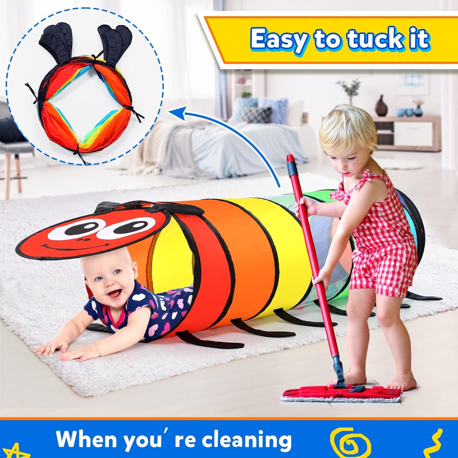 Tunnel Enfant - Tente De Jeux Exterieur Interieur Avec Côtés En Maille - 180 Cm Tunelle Pour Enfant Parcours Motricité Bébé Rampant -Jouet De Pliable Pop-Up - Cadeau Pour Animaux (Chenille Coloré)