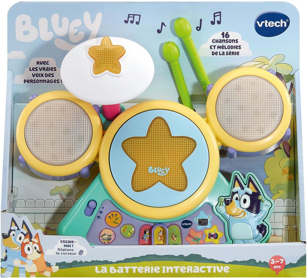 - Bluey La Batterie Interactive - Batterie Instrument De Musique Enfant Avec Pads Lumineux Et Baguettes - Jouet Musical Bluey Et Bingo - Cadeau Enfant De 3 Ans À 7 Ans - Contenu En Français