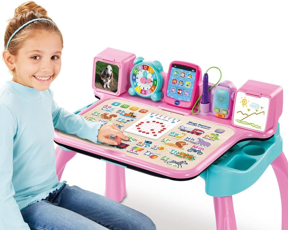 - Magi Bureau Interactif Et Musical 6 En 1 - Bureau Enfant Rose Avec Tabouret - Table De Jeux Éducative, Chevalet À Dessin Et Tableau Noir À Craie - Cadeau Enfant Dès 3 Ans - Contenu En Français