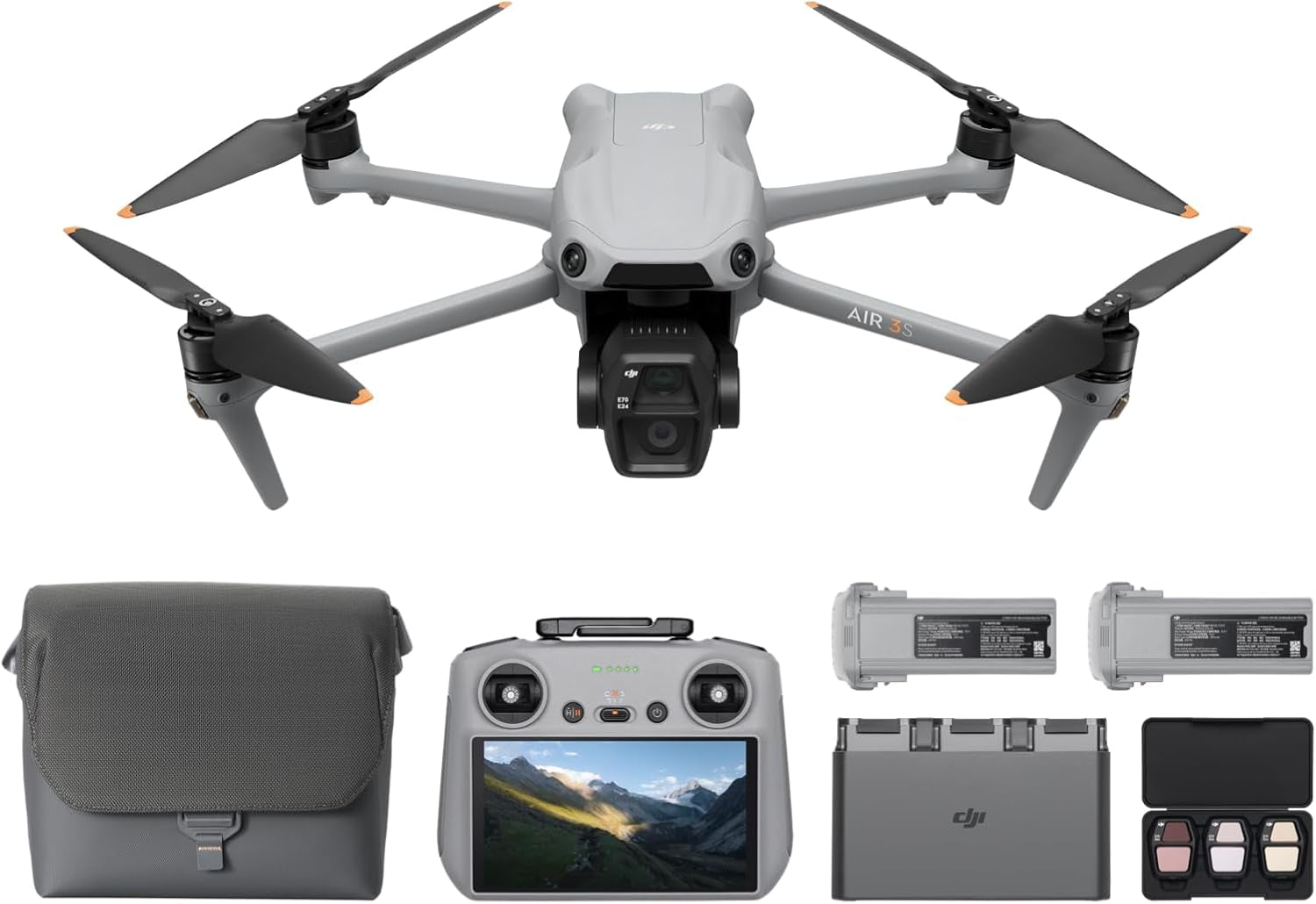 Bundle Fly More  Air 3S (Radiocommande RC 2 Avec Écran), Drone Avec Caméras Grand-Angle CMOS 1'' & Télé Moyenne Pour Adultes, 4K/60 Ips, Détection Omnidir. Et 3 Batteries Pour Un Temps De Vol Accru