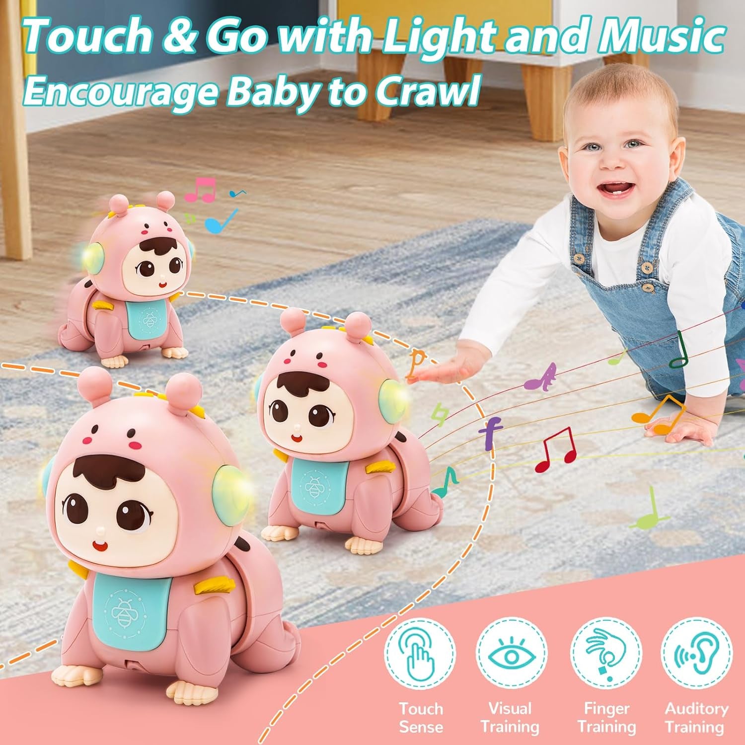 Jouet Bébé 3 6 9 Mois, Jouet Bébé Rampant Avec Musique Et Lumière Jouets Musicaux Sensoriel Eveil Pour Tummy Time Naissance Cadeau Bebe Rose