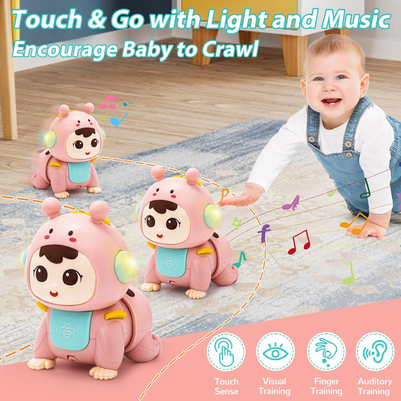 Jouet Bébé 3 6 9 Mois, Jouet Bébé Rampant Avec Musique Et Lumière Jouets Musicaux Sensoriel Eveil Pour Tummy Time Naissance Cadeau Bebe Rose