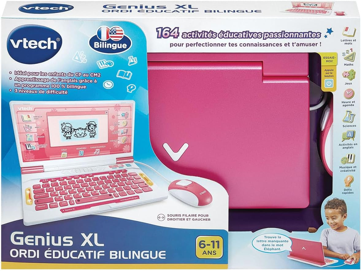 - Genius XL Ordi Éducatif Bilingue Rose - Ordinateur Enfant Avec Écran LCD, Clavier AZERTY, Souris Et 164 Jeux Éducatifs - Du CP Au CM2 - Cadeau Enfant Dès 6 Ans - Contenu En Français Et Anglais