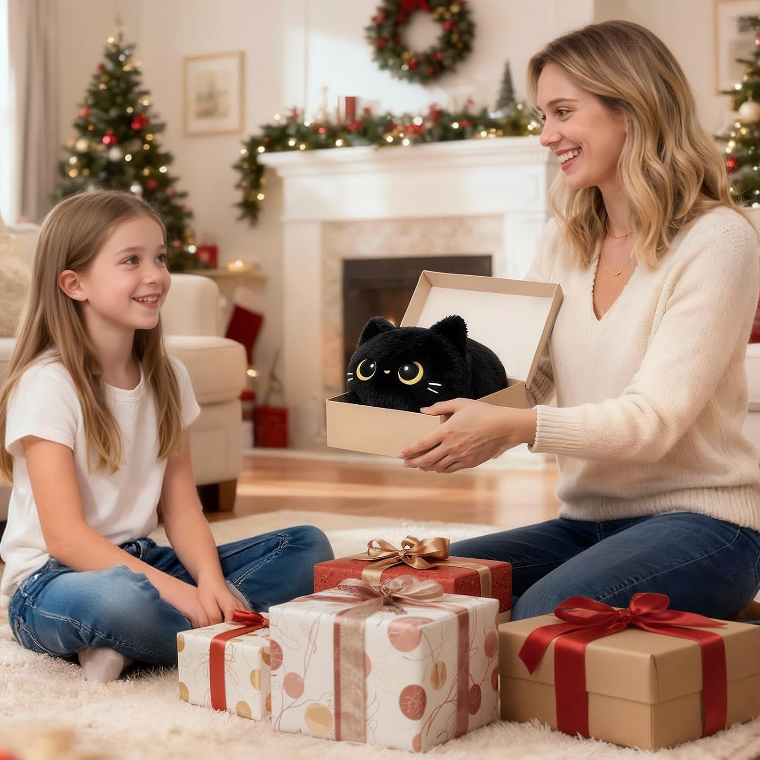 Peluche Chat Noir Kawaii Oreiller Doux 20CM, Oreiller Peluche Mignon Câlin Pour Enfants 3 Ans Et Plus, Pour Noël Et Anniversaire