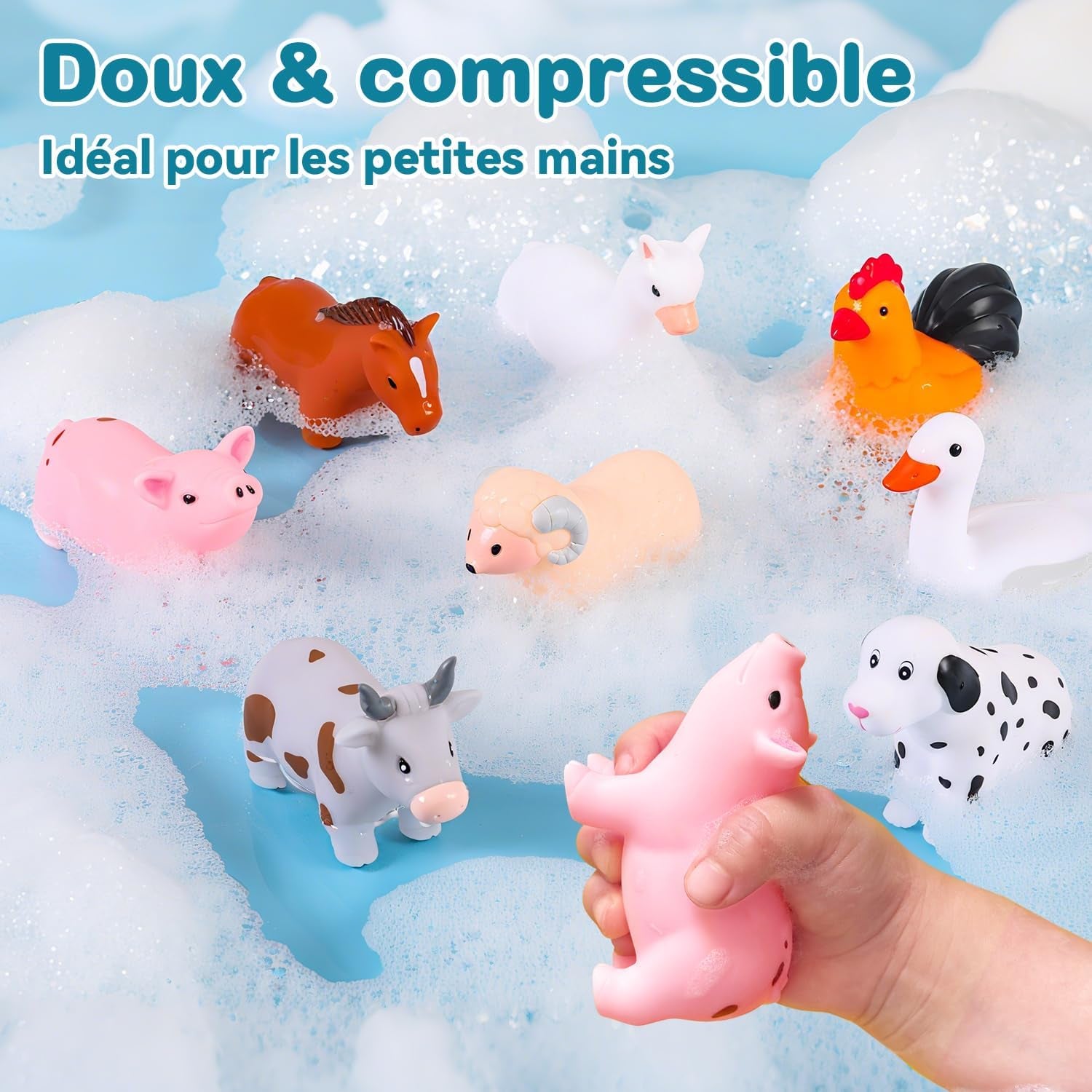 Jouet Bain Bébés 1 An, Anti-Moisissure Jouets De Bain Pour Bebe 1 2 3 Ans, Lot De 8 Animaux Ferme Sans Trou Jouet Jeu Jeux Piscine Enfant Avec Sac De Rangement En Filet