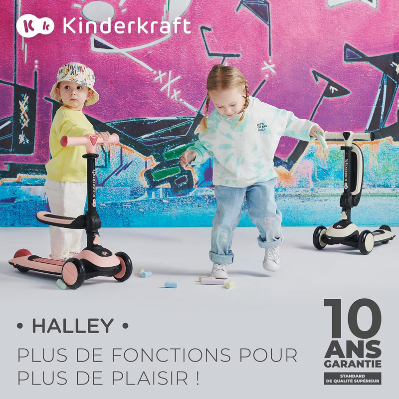 Kinderkraft Halley, Trottinette, Draisienne, Patinette, Scooter, Multifonctionnel, Moderne, Trois Roues, Réglable, LED Roues, Frein, 2 Ans Jusqu'À 50 Kg, Rose