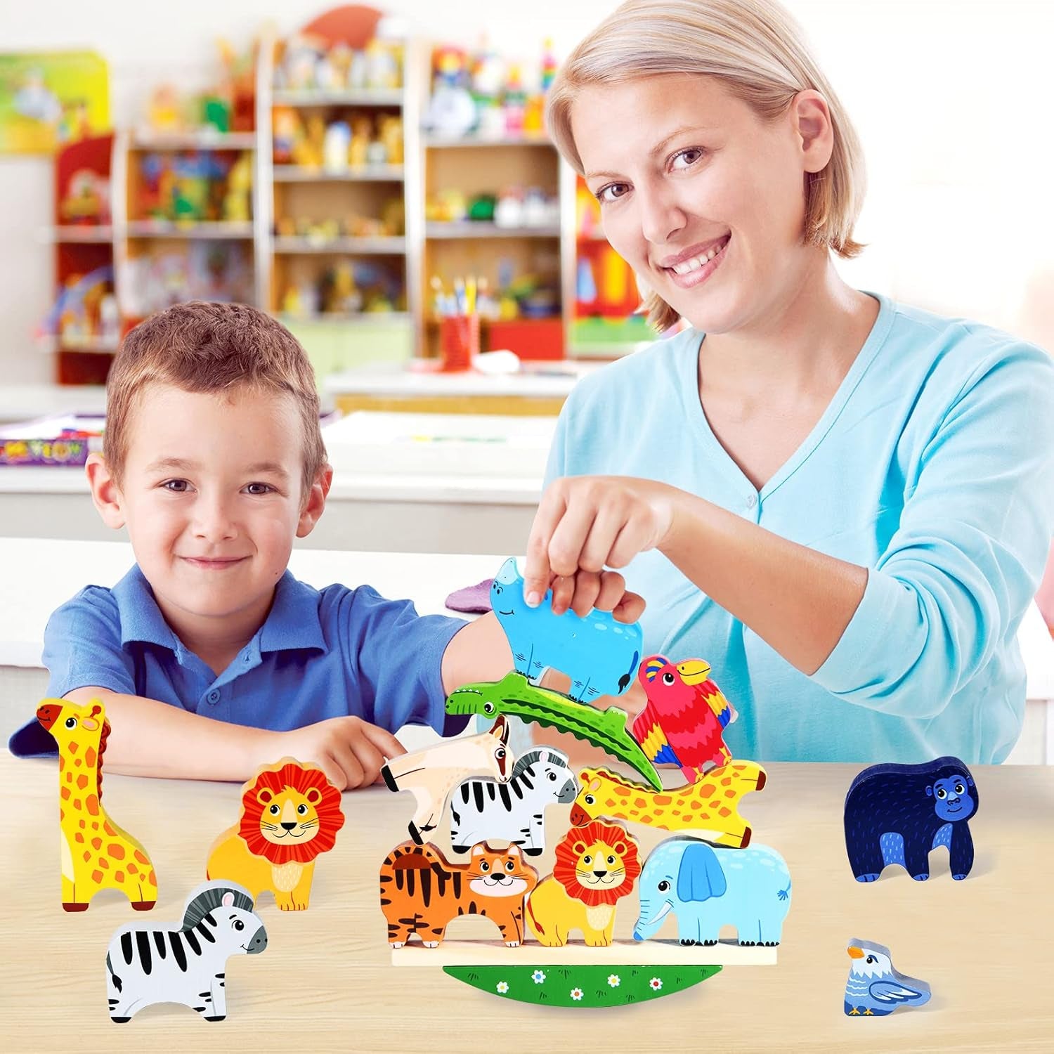 Jouet À Empiler En Bois Animaux Bloc De Bois Blocs De Construction D'Empilage De L'Équilibre Jeux Montessori Jouets Éducatifs Pour Enfants Bébé 2 3 4 Ans