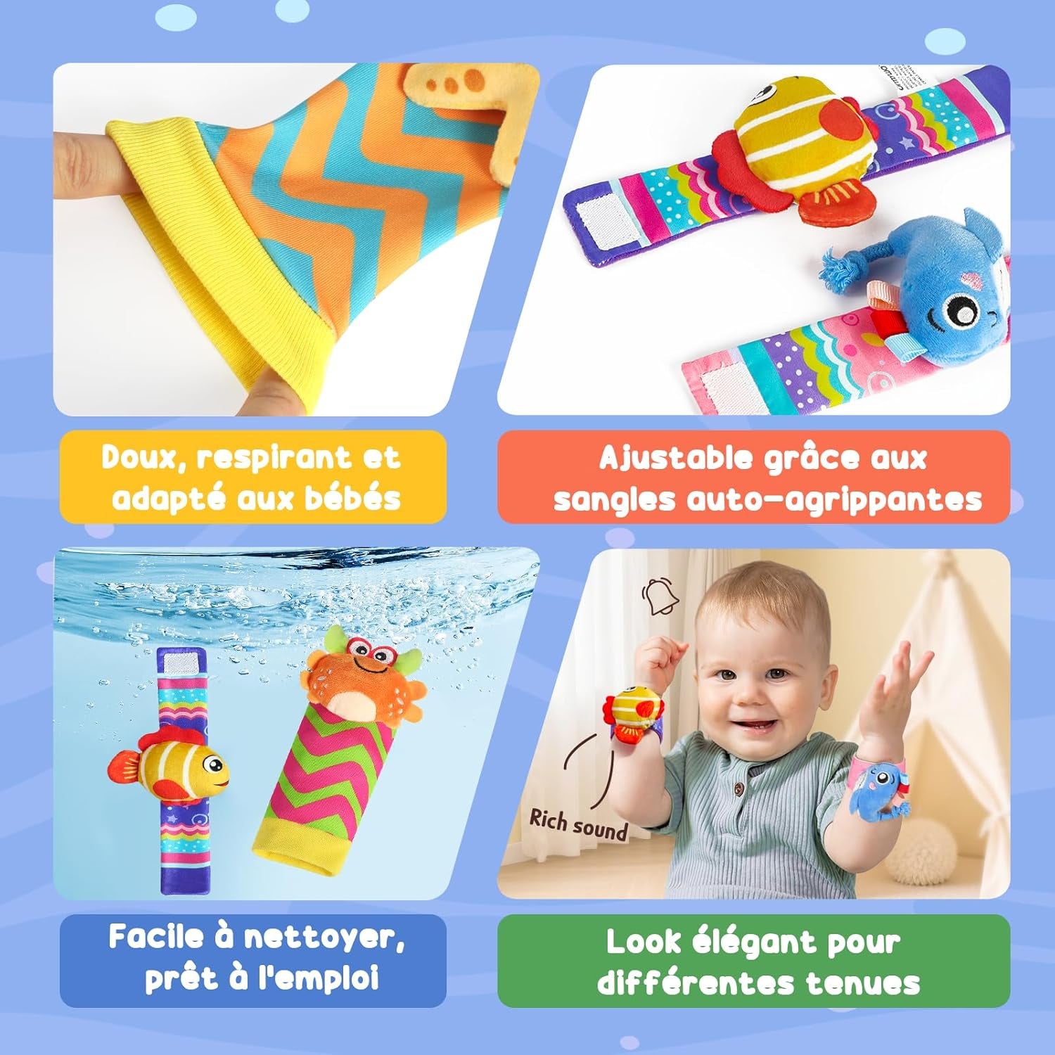 Hochet Bébé 0-3 Mois, 4 Pièces Poignets Et Chaussettes Jouet Et Jeux Éveil Montessori - Stimulation Sensorielle Et Motricité Fine - Cadeau Parfait Pour Bébés 0 3 6 9 Mois (Océan)