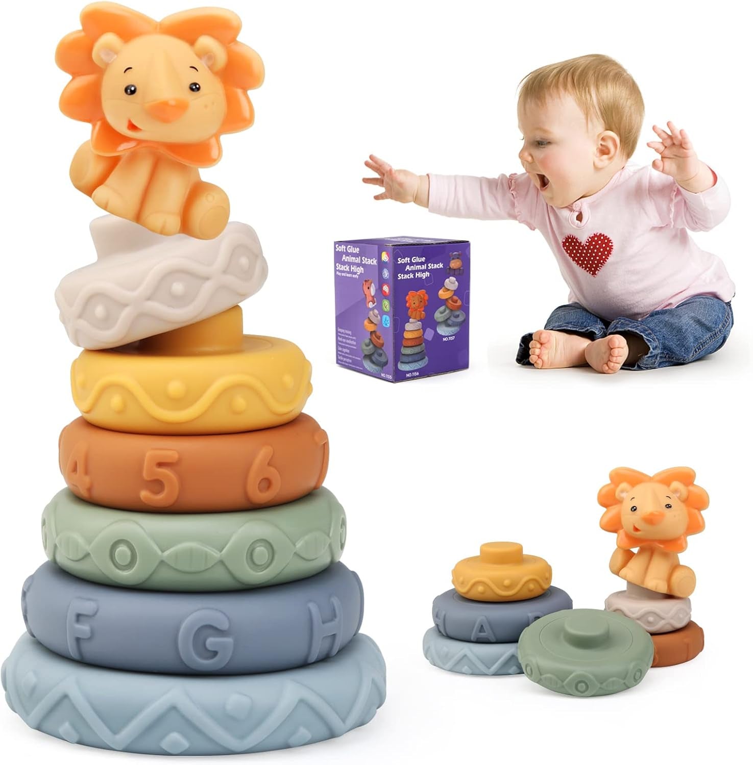 Joyplus Jeux Montessori Bebe Eveil 6 Mois, 7 Pièces Jouets Empilables Avec Anneaux, Tour Souple Empilable, Cube D'Activité Bébé, Jouets Sensoriel Dentition Pour Bébé, Jeux Educatif Pour Bebe 6+ Mois