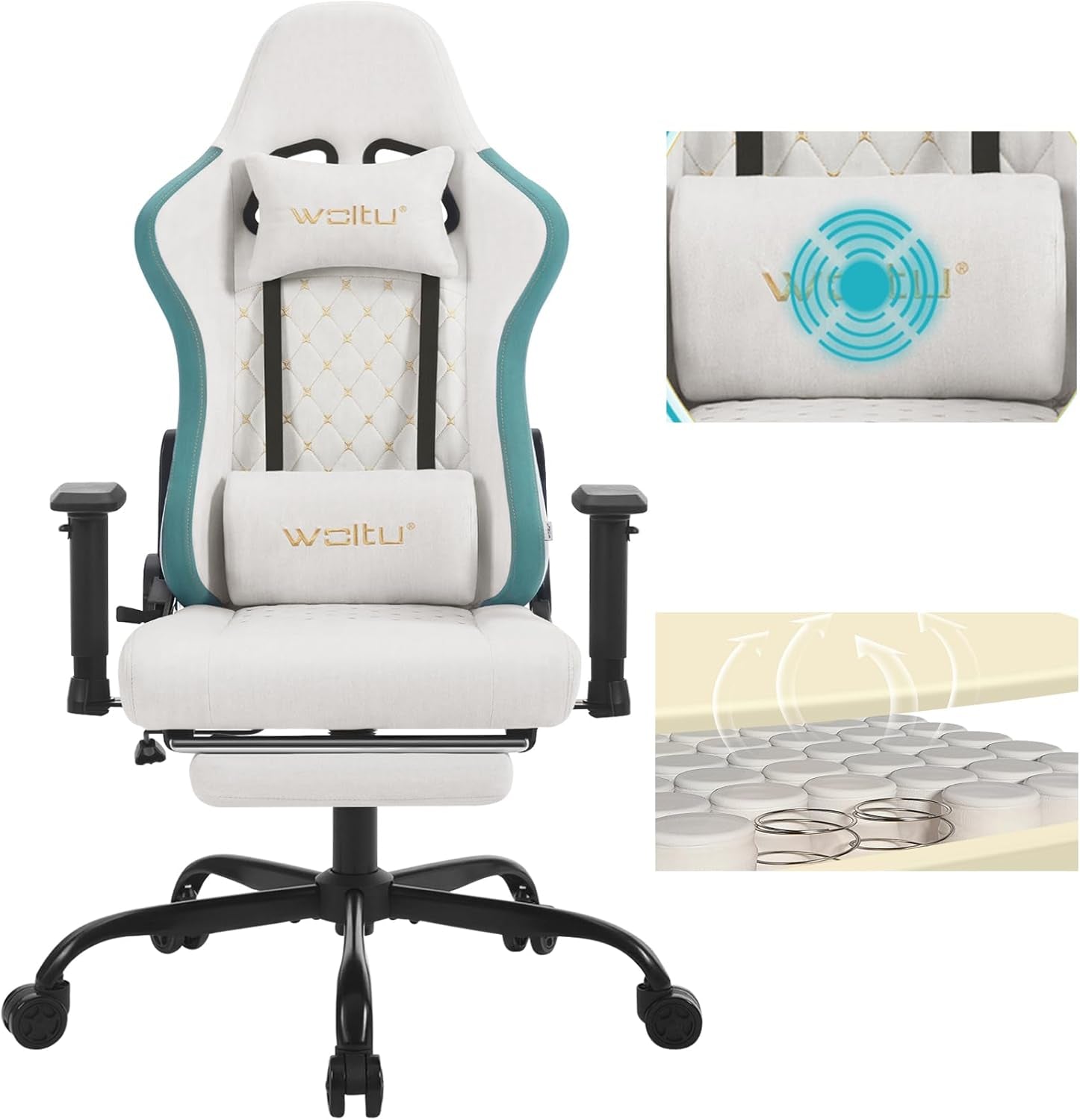 Chaise Gaming, Chaise Bureau Massante, Fauteuil Ergonomique Avec Coussin Lombaire Massant, Siège Large À Ressorts, Appui-Tête, Repose-Pieds, Tissu Technique, Charge 150Kg, Blanc