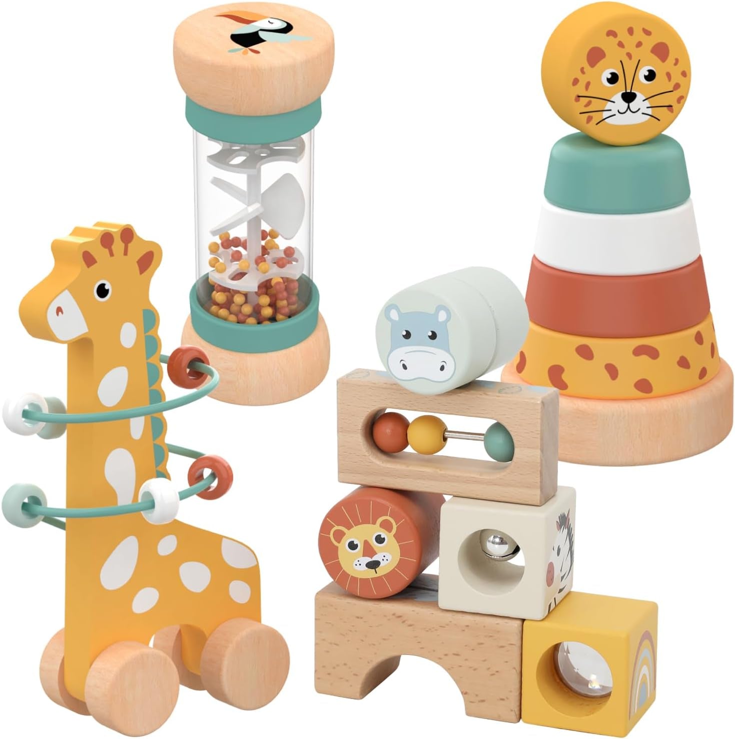 Jouet Bébé 1 an – Jouet Montessori En Bois 4-En-1 Avec Blocs Sensoriels, Pluie Musicale, Labyrinthe Girafe & Anneaux À Empiler – Jeu Sensoriel Cadeau Éducatif Pour Fille & Garçon 12 Mois+