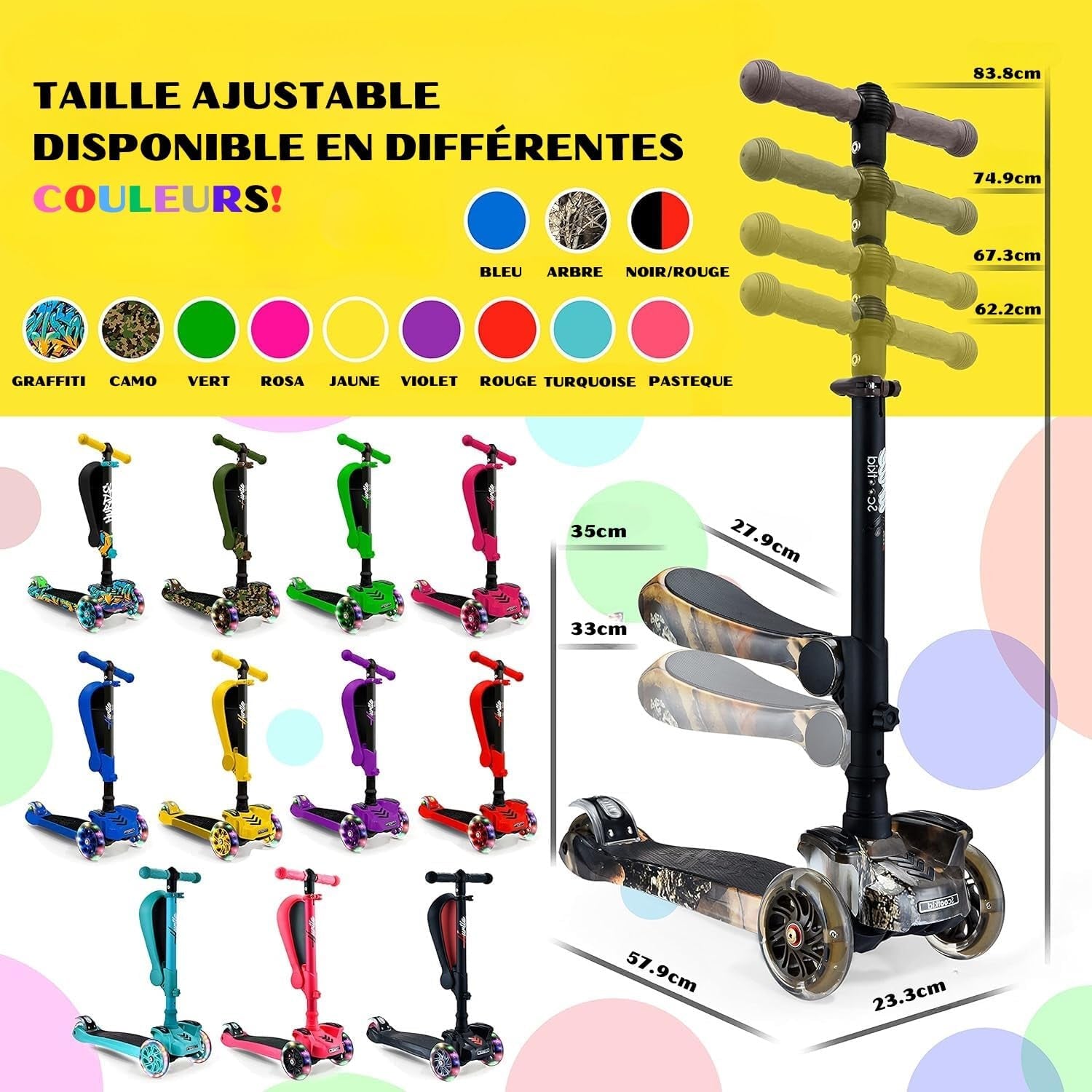 Trottinette Enfant, Trottinette 3 Roues, Patinette Enfant Pliable Avec Hauteur Ajustable, Plateau Antidérapant, LED Roues Lumineuses, Scooter Pour Fille/Garçon De 2 À 8 Ans