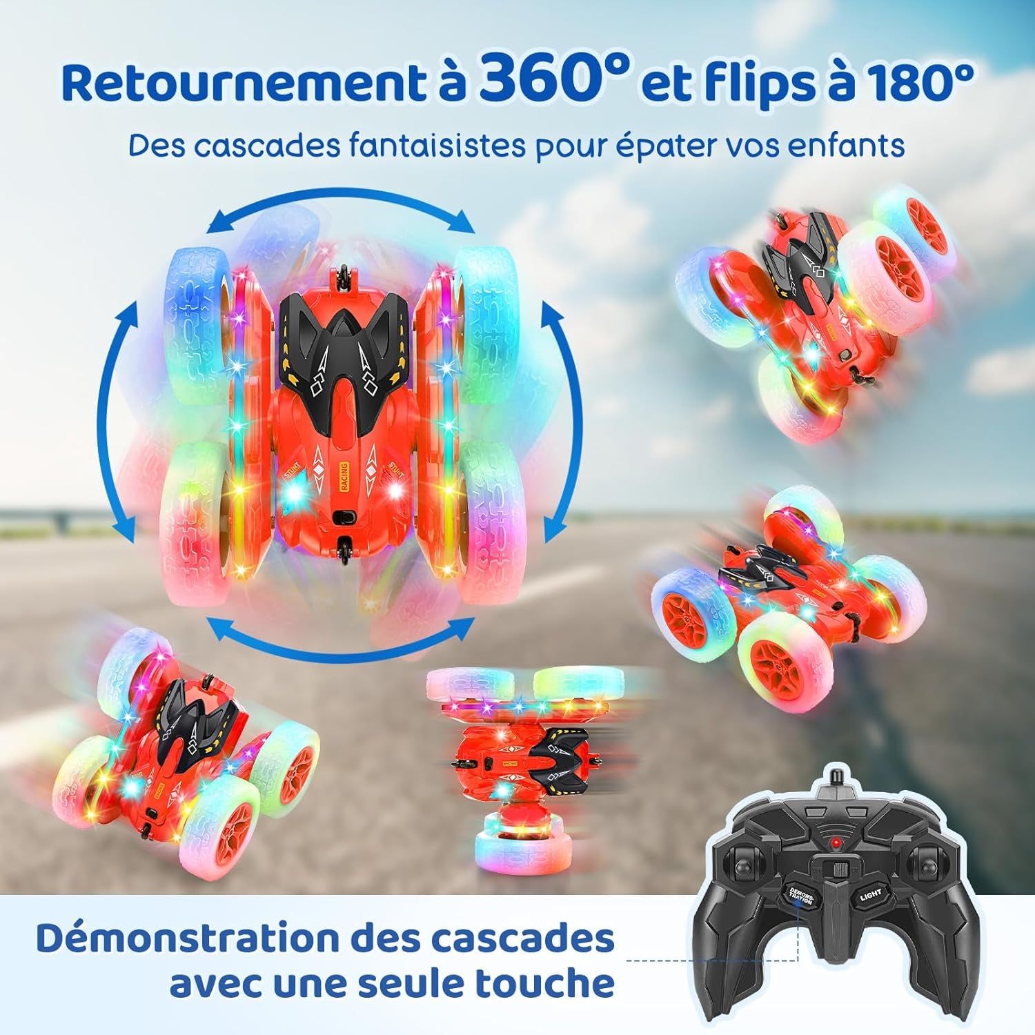 Voiture Télécommandée, Voiture Cascadeuse Avec Bande Lumineuse Latérale Et Phares, 2.4Ghz, Rotations À 360°, Voiture RC Rechargeable Jouet Pour Garçons Filles Cadeau D'Anniversaire, Rouge