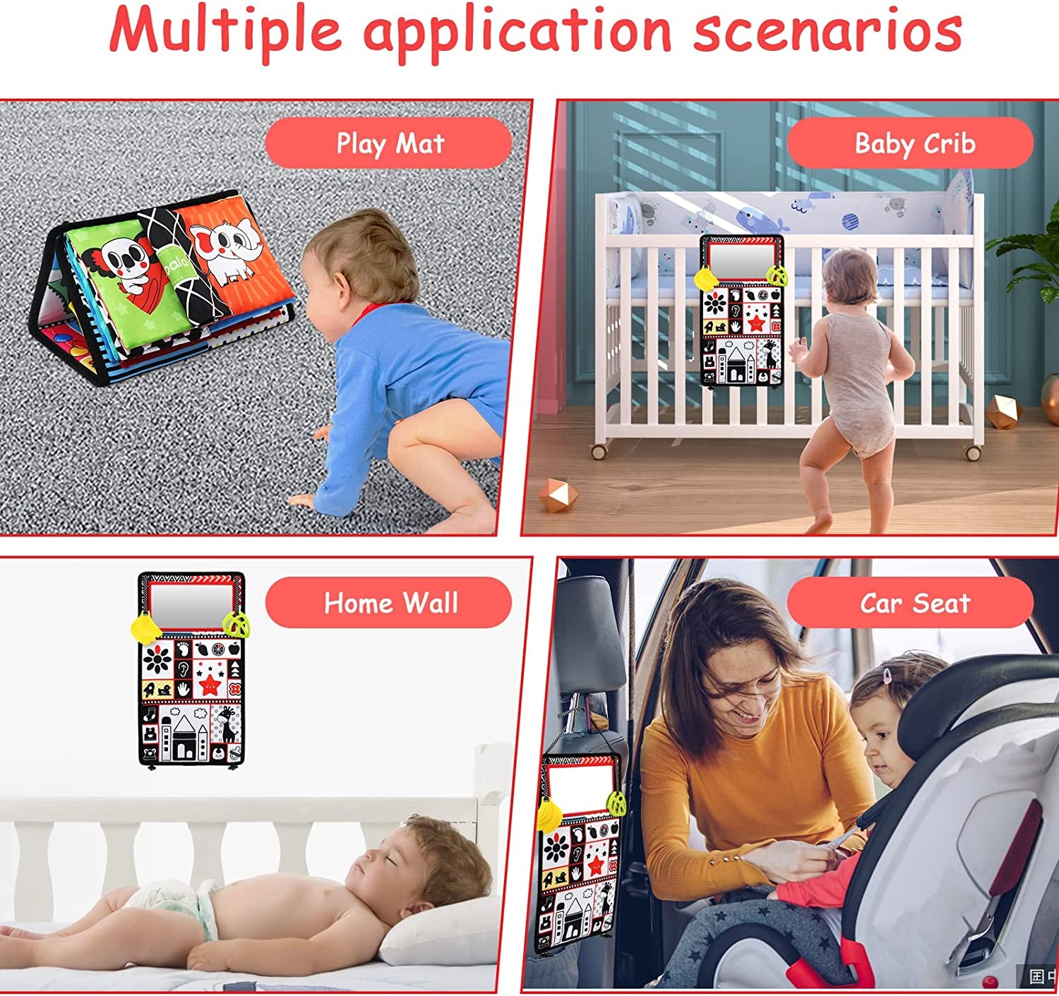 Jouet Bebe 6 Mois, Miroir Bebe Éveil Montessori 6-12 Mois, Livre Tissu Bébé Noir Et Blanc Jouets Sensoriels Pour Enfants Jeux D'Eveil Bébé Cadeau Pour Naissance Fille Garcon 6 12 Mois