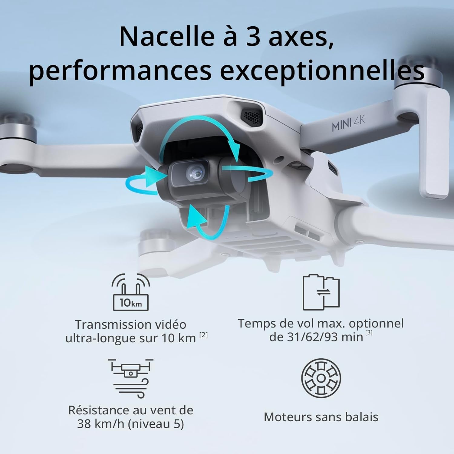 Mini 4K, Drone Caméra 4K UHD, Moins De 249 G, Stabilisation De La Nacelle À 3 Axes, Transmission Vidéo Sur 10 Km, Retour Auto, Résistance Au Vent, Temps De Vol Max. De 31 Min, C0, Quickshots