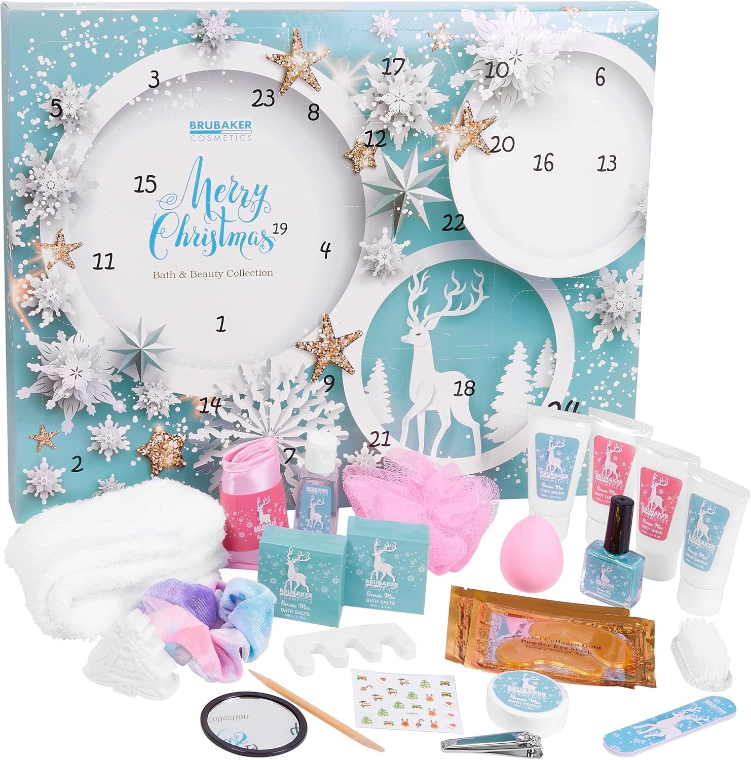Cosmetics - Calendrier De L'Avent/Noël - Contient 24 Produits De Bain & Beauté - Coffret XXL De Bien-Être - Idée Cadeau Femme & Fille - Bleu Menthe