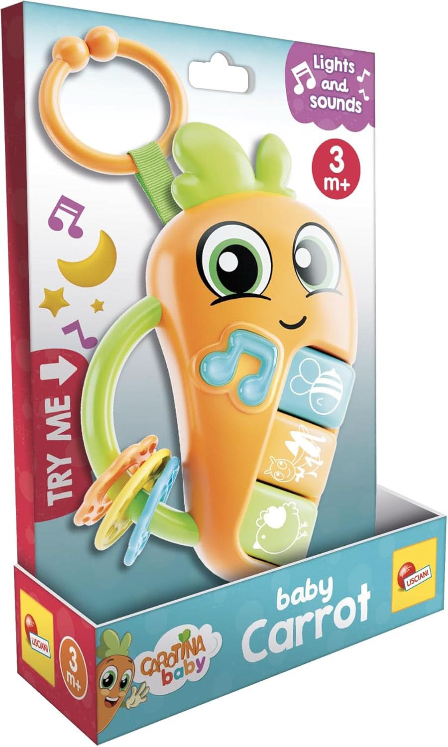Lisciani - CAROTINA Baby - Hochet Bébé Carotte - Jouet Musical Pour Enfants Dès 3 Mois - Son Et Lumière - Anneaux De Dentition Sécurisés - Éveil Sensoriel - Hochet Électronique - Jeu Éducatif Bébé
