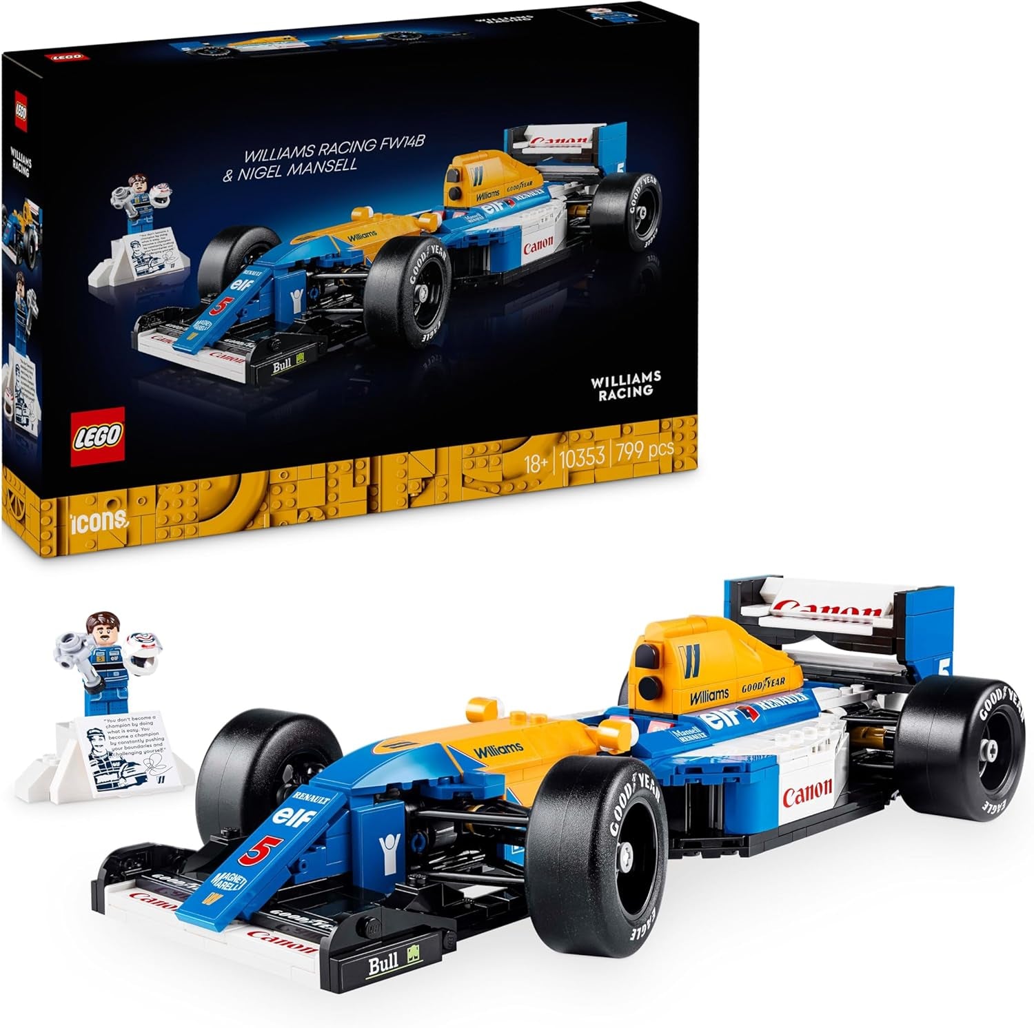 Icons Williams Racing FW14B Et Nigel Mansell - Maquette De Voiture De F1 - Inclut Minifigurine Collector De Pilote Avec Trophée Et Casque - Idée Cadeau Pour Adulte Et Adolescent 10353