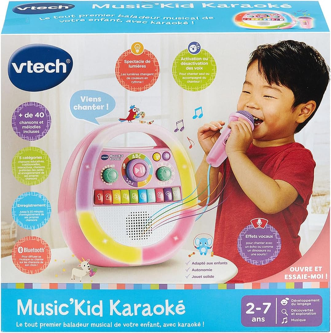 - Music'Kid Karaoké Rose - Enceinte Bluetooth Lumineuse Enfant - Baladeur Musical Avec Micro Karaoké, Comptines Et Chansons, Enregistreur Vocal - Cadeau Enfant Dès 2 Ans - Contenu En Français