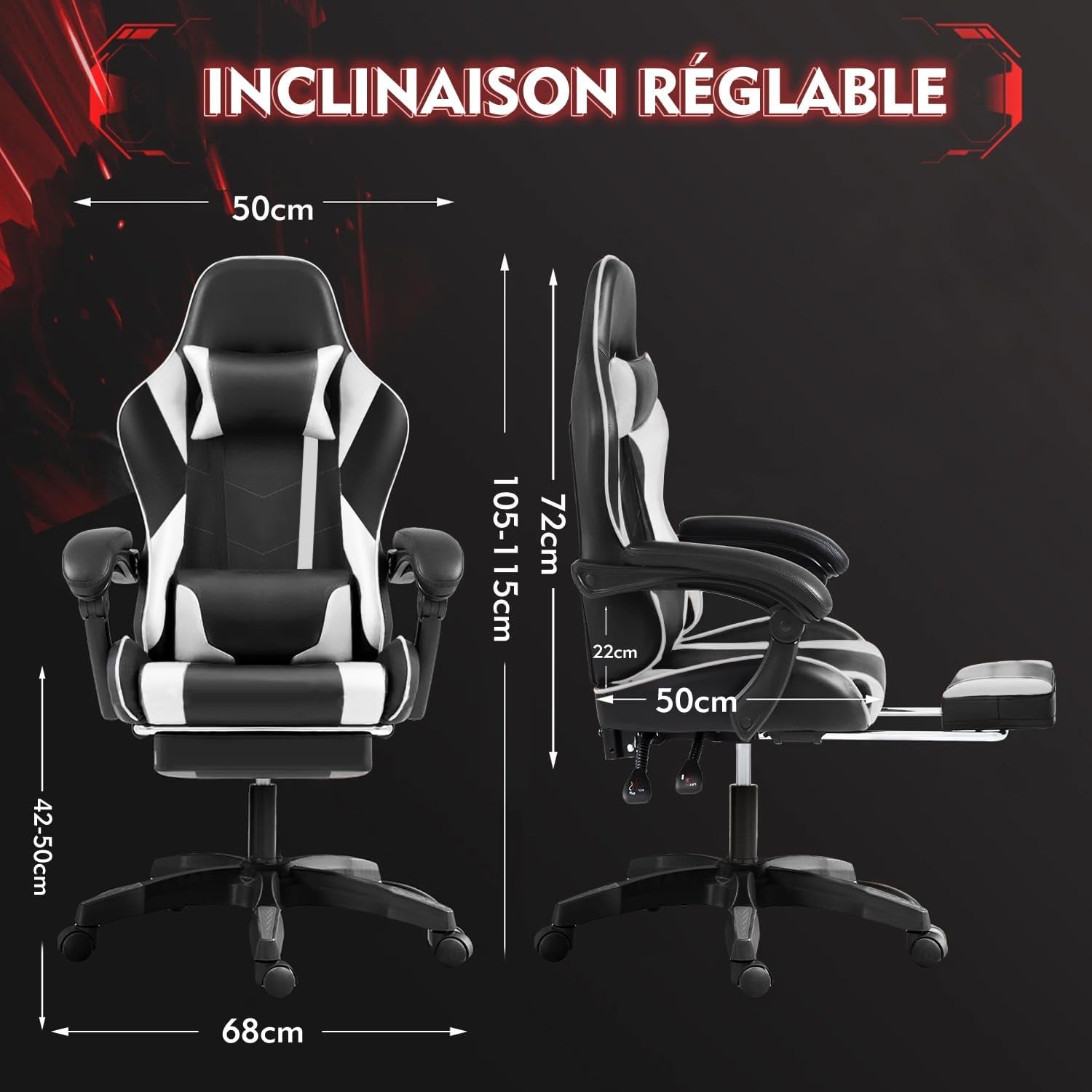 Chaise Gaming, Siège De Bureau Réglable, Fauteuil Gaming Avec Repose-Pieds Télescopique (Noir Et Blanc)