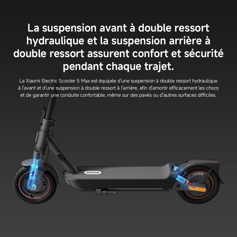 Electric Scooter 5 Max – Double Suspension Avancée (Hydraulique-Ressort Avant & Double Ressort Arrière) – 60Km Autonomie – Pneus 10' Tubeless – Moteur 1000W Max – Pente 22%