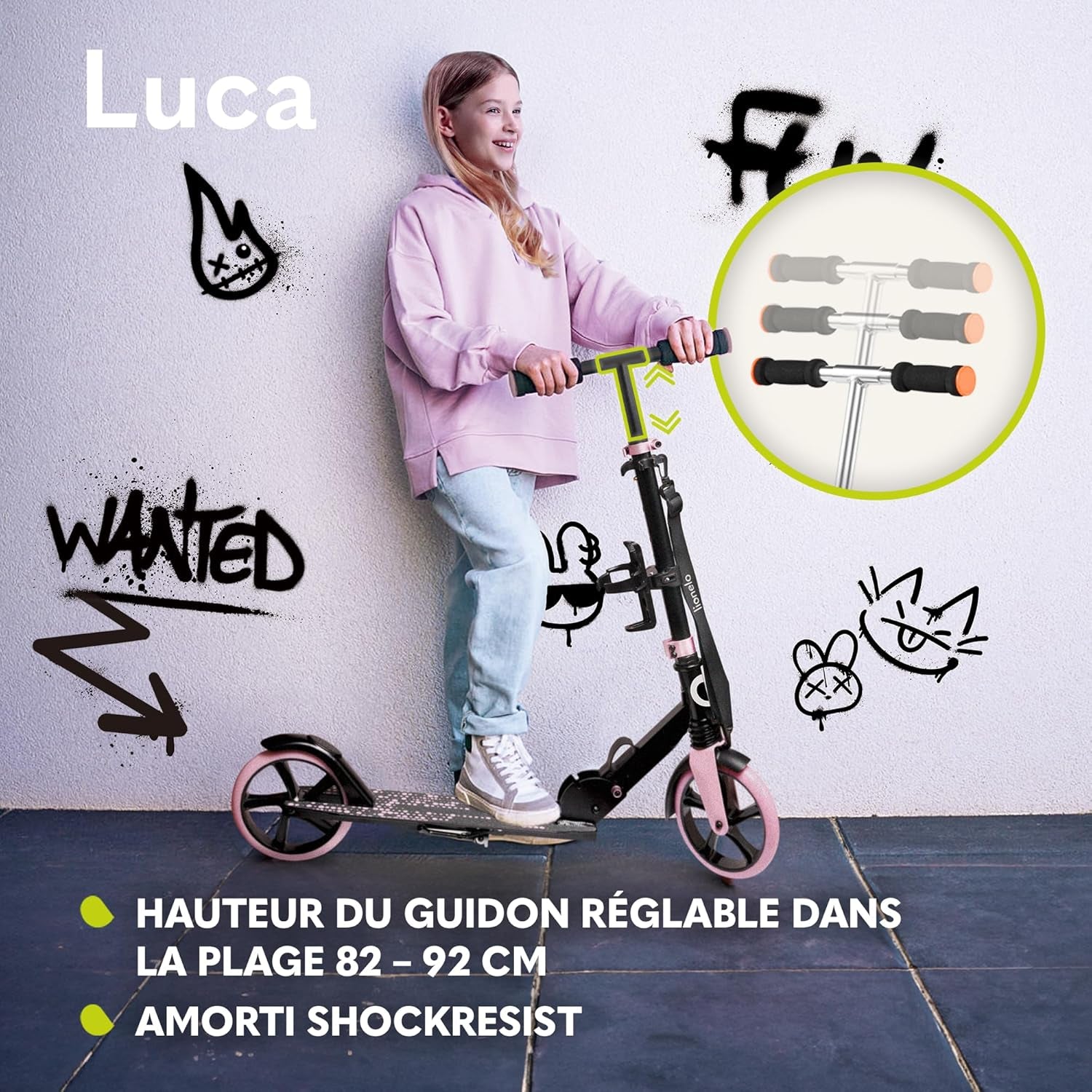 LUCA Trotinette Enfant Et Adultes Jusqu'À 100 Kg, Construction Durable, Pliage, Rapide, Guidon Ajustable, Roues À 20 Cm, Amortisseur Shockresist Frein (Blanc)