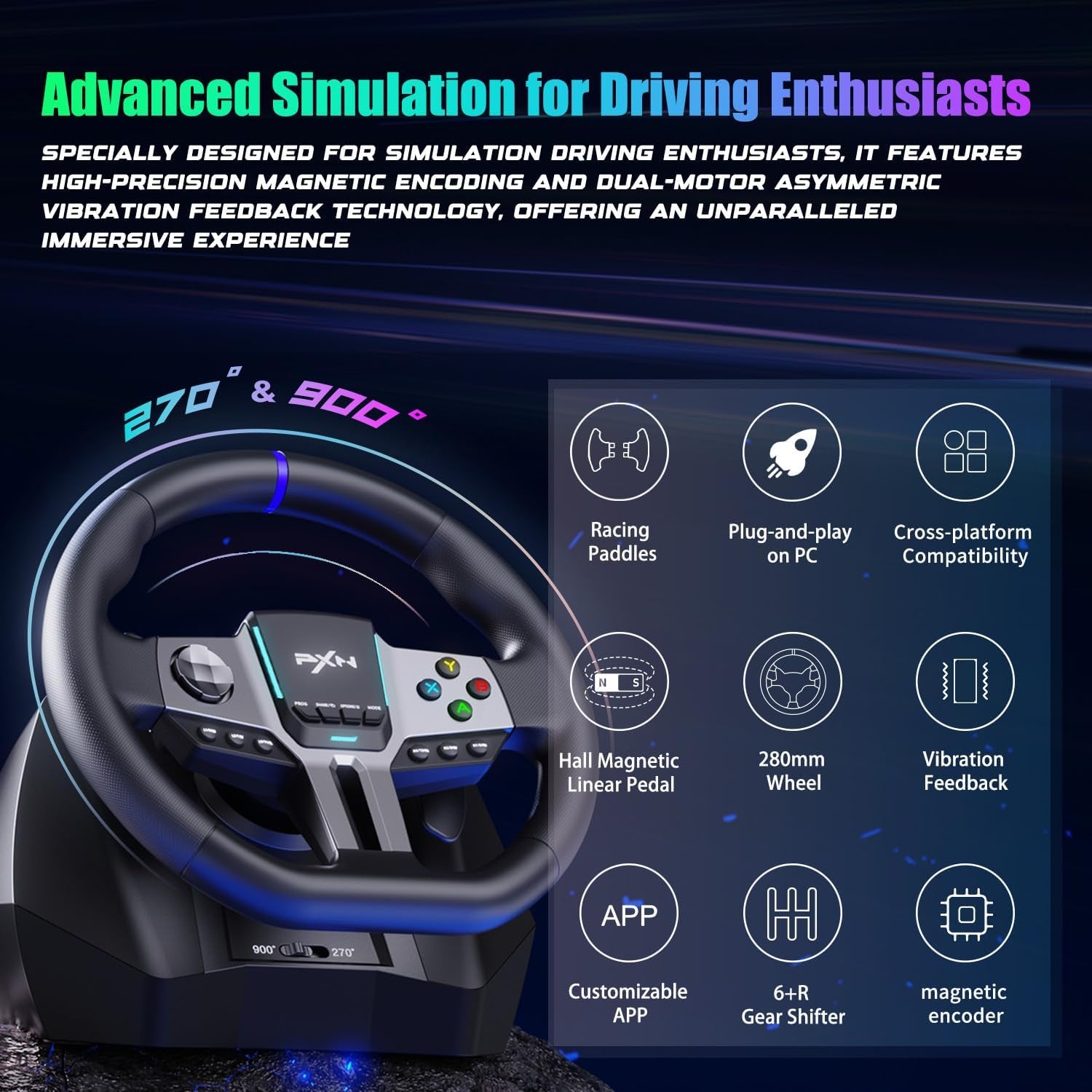 V9 Gen2 Volant De Course - 270° & 900°, Levier De Vitesse En H, Pédales À Effet Hall, Palettes De Changement De Vitesses, Application Outils, Retour De Vibration – Volant Pour PC, Xbox Et PS4