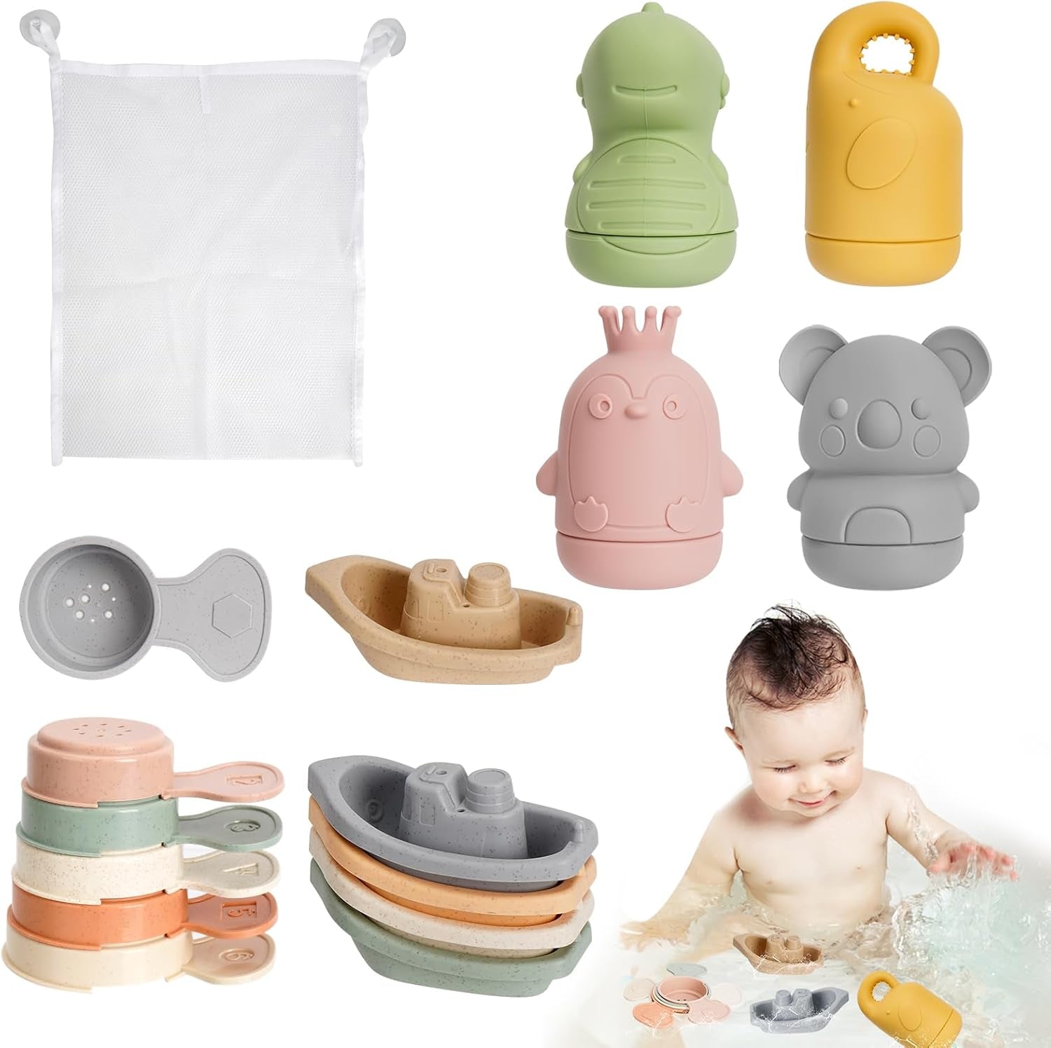 Jouets De Bain Pour Bebe, 15 Pièces Jouet Bain Bébé À Presser Sensoriels Avec Bateaux Empilables Et Cuillère, Silicone Souple Jouet Bain Enfant Jeux Educatif 6 9 12 Mois 1 2 3 Ans