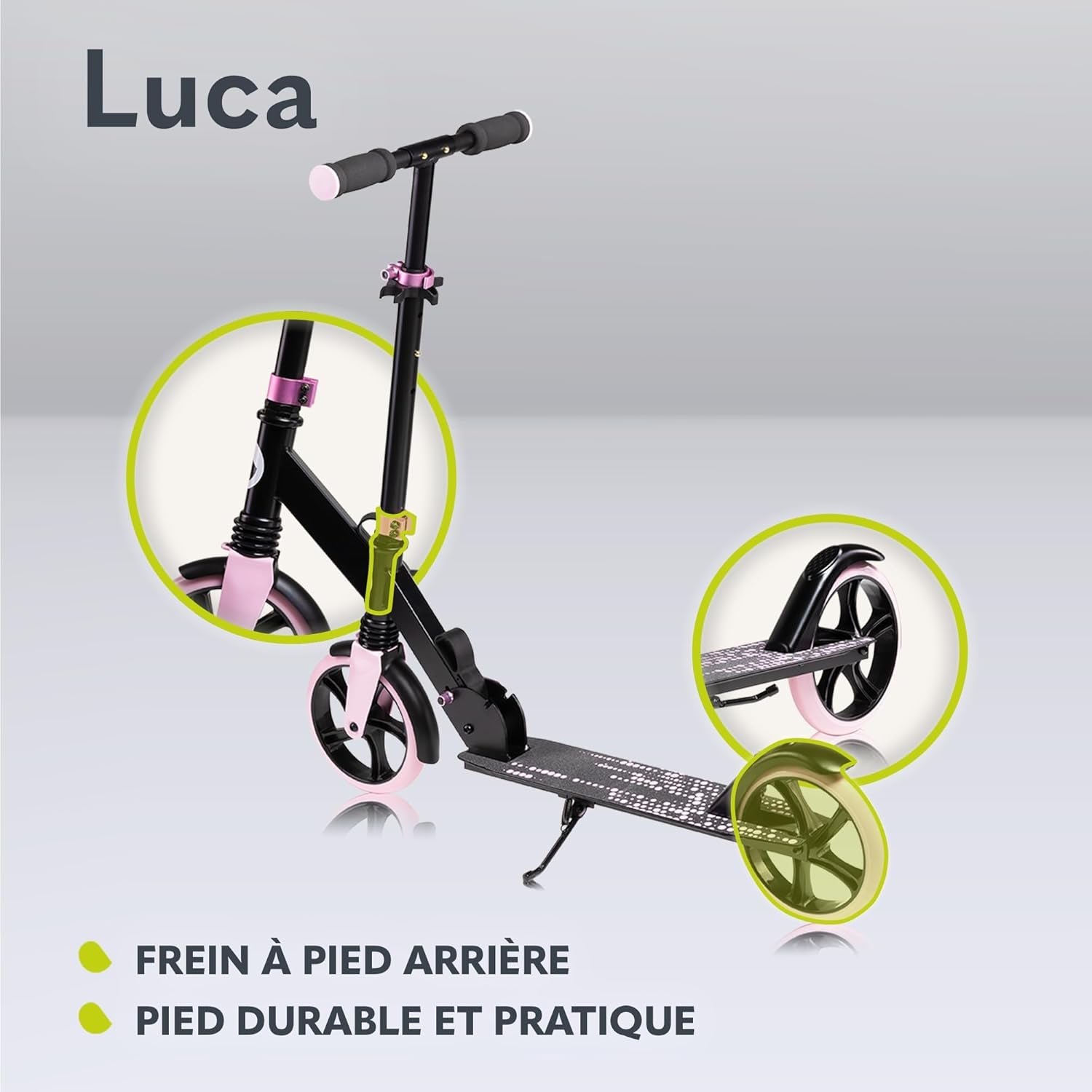 LUCA Trotinette Enfant Et Adultes Jusqu'À 100 Kg, Construction Durable, Pliage, Rapide, Guidon Ajustable, Roues À 20 Cm, Amortisseur Shockresist Frein (Noir)