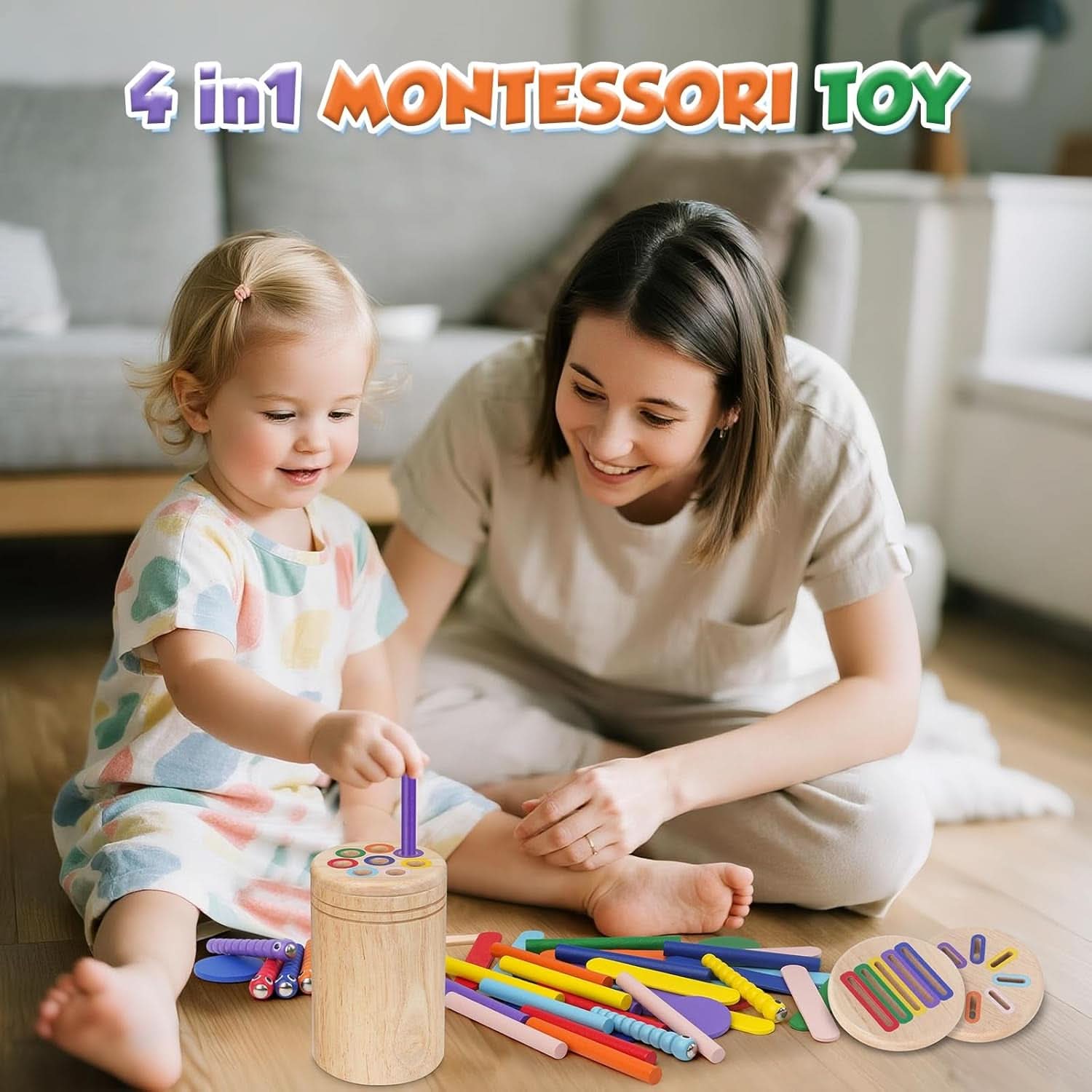 Jouet Enfant 1 2 3 Ans, 4 En 1 Jeux Montessori 1 2 3 Ans, Jouet Bebe 1 2 Ans, Apprendre Les Couleurs Jeu Educatif 1-3 Ans Avec Sac De Rangement
